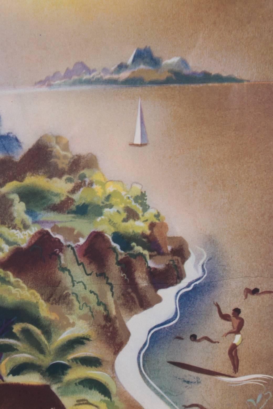 Original 1949 United Air Lines Hawaii Travel Poster Featuring Hula Girl Dancing 2