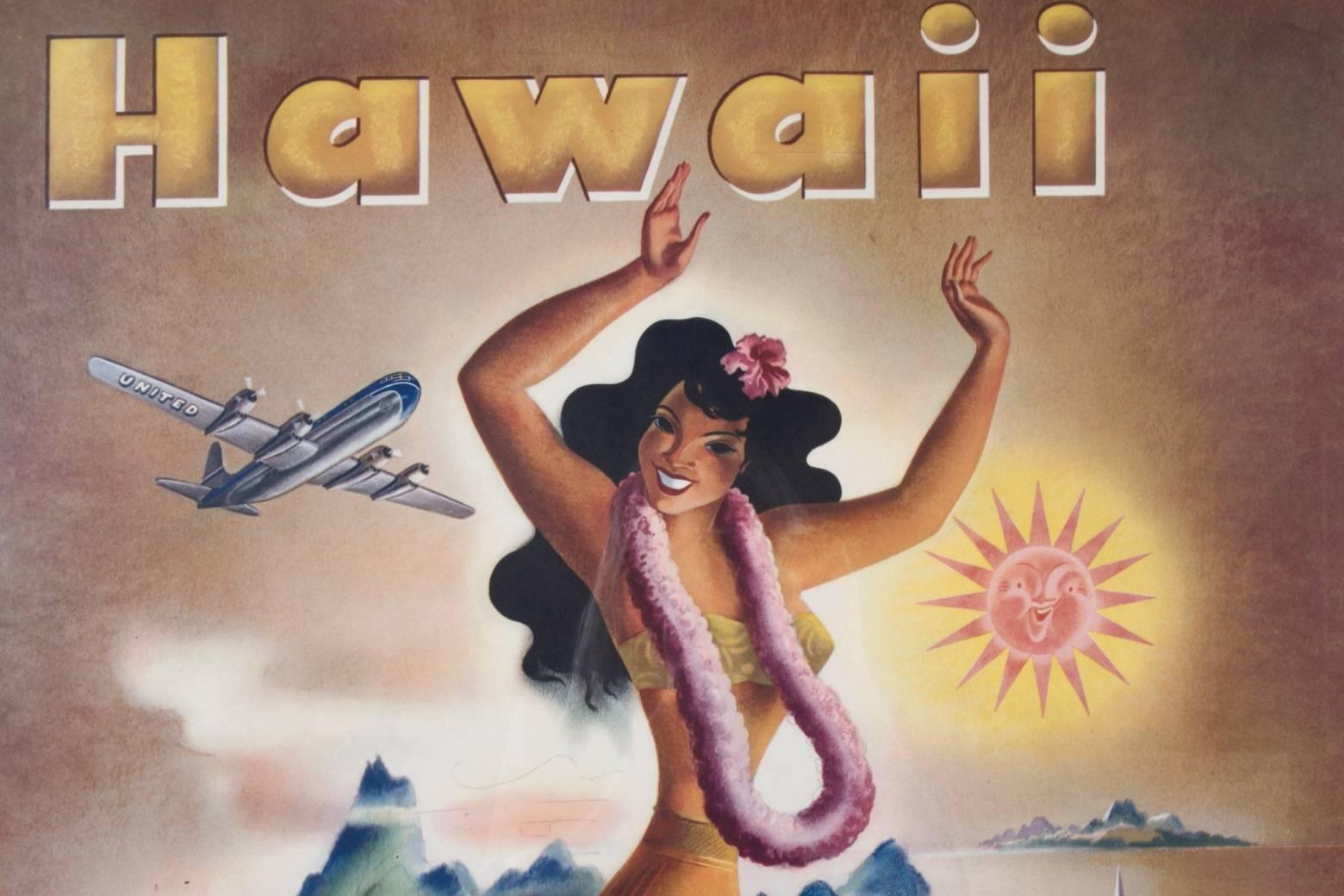 Original 1949 United Air Lines Hawaii Travel Poster Featuring Hula Girl Dancing  3