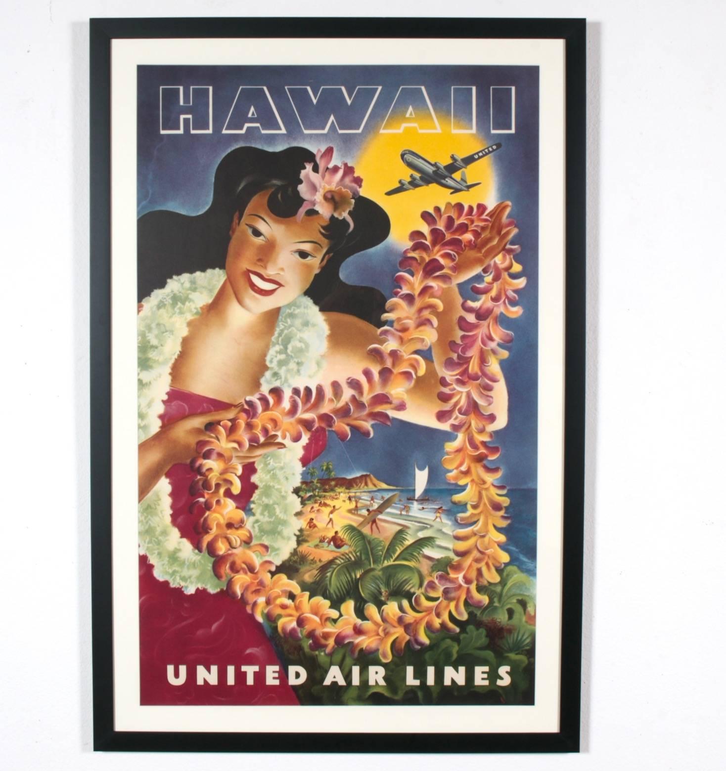 Hawaii Travel Advertising Poster ORIGINAL 1949 United Airlines Hula Girl, Feher  In Excellent Condition In Los Angeles, CA