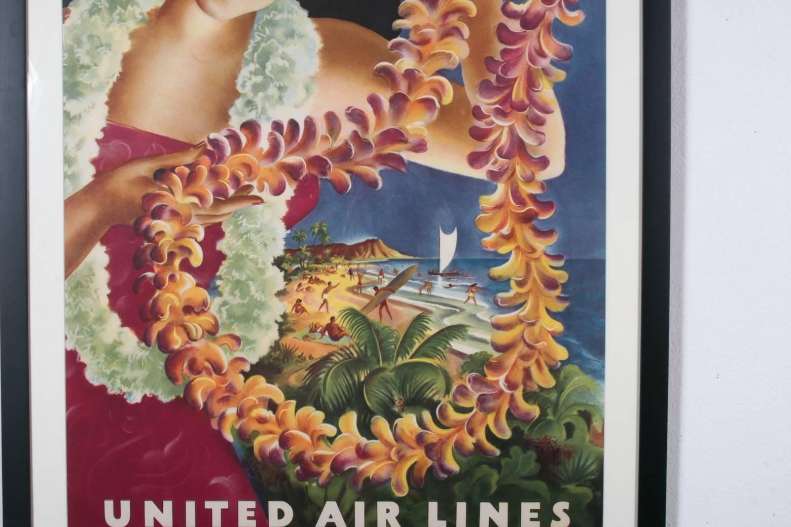 Mid-Century Modern Hawaii Travel Advertising Poster ORIGINAL 1949 United Airlines Hula Girl, Feher 