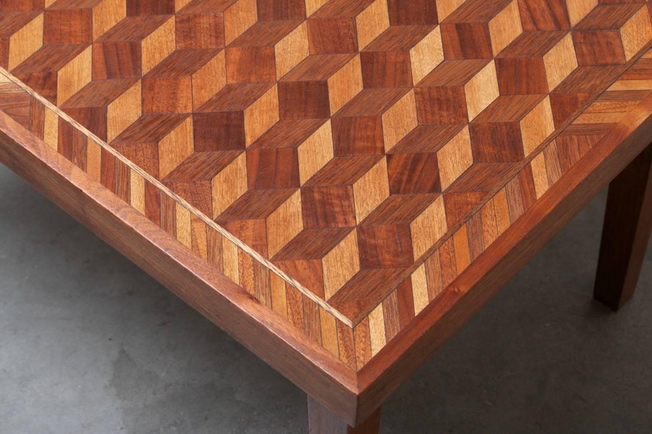 Wood Geometric Marquetry Coffee Table and Side Table Set in the Style of M.C. Escher