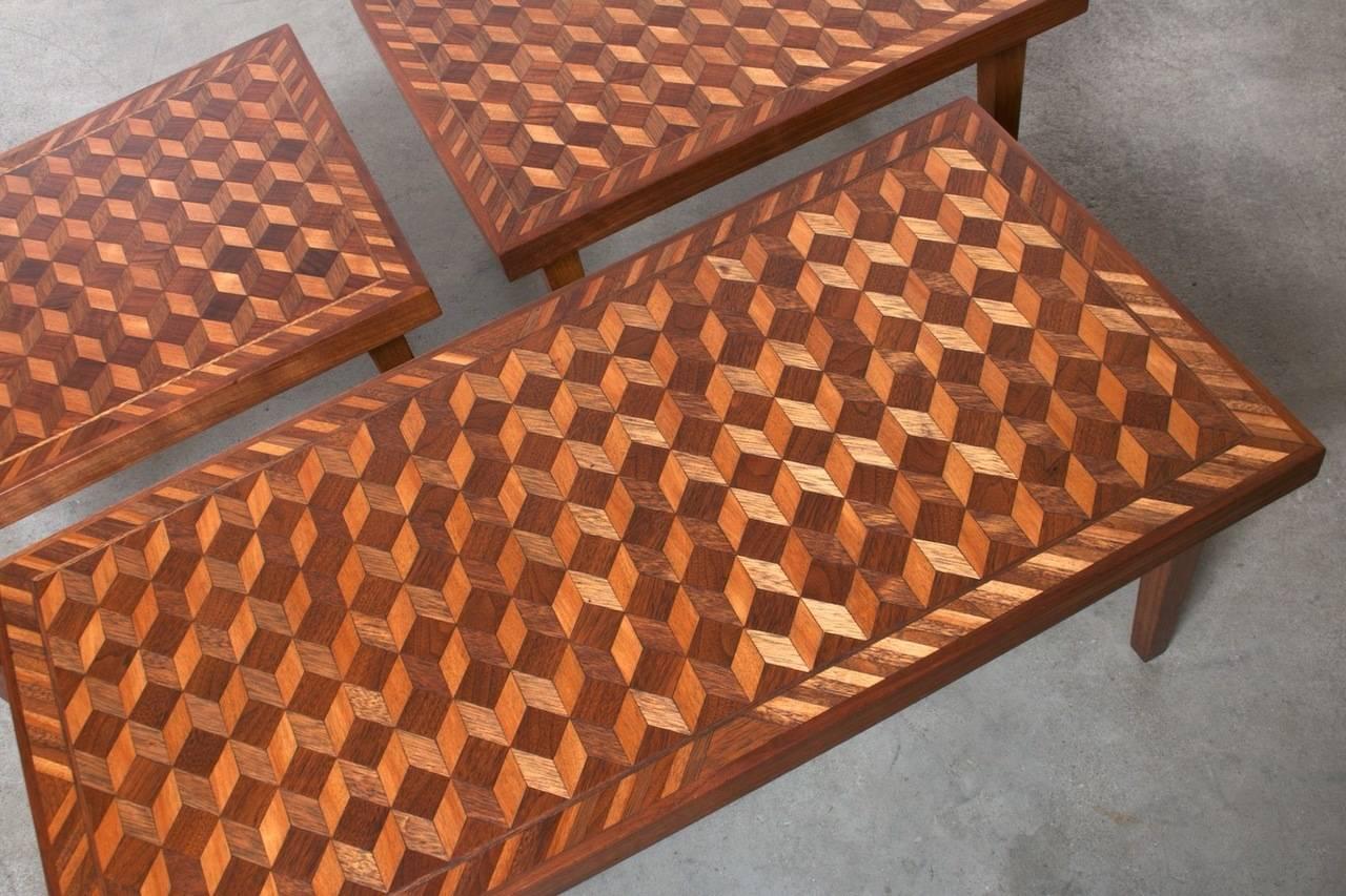Mid-Century Modern Geometric Marquetry Coffee Table and Side Table Set in the Style of M.C. Escher