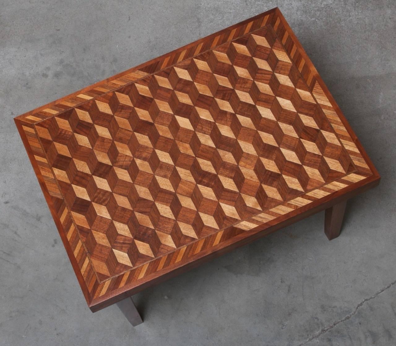 American Geometric Marquetry Coffee Table and Side Table Set in the Style of M.C. Escher