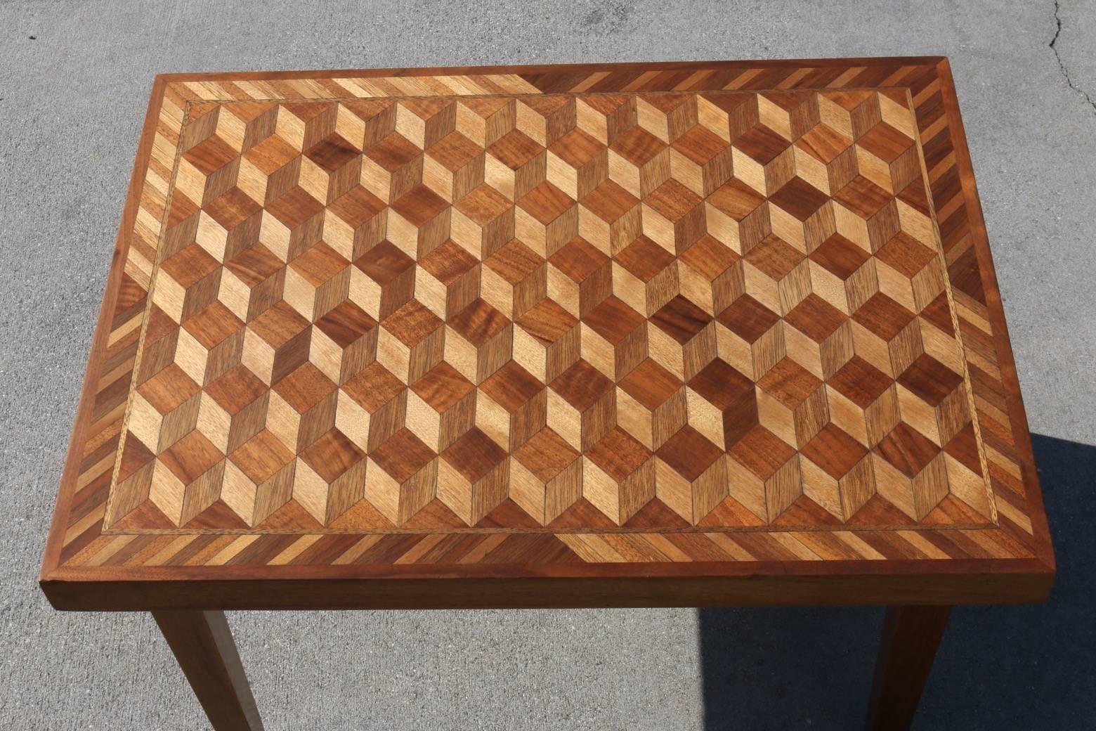 Geometric Marquetry Coffee Table and Side Table Set in the Style of M.C. Escher 1