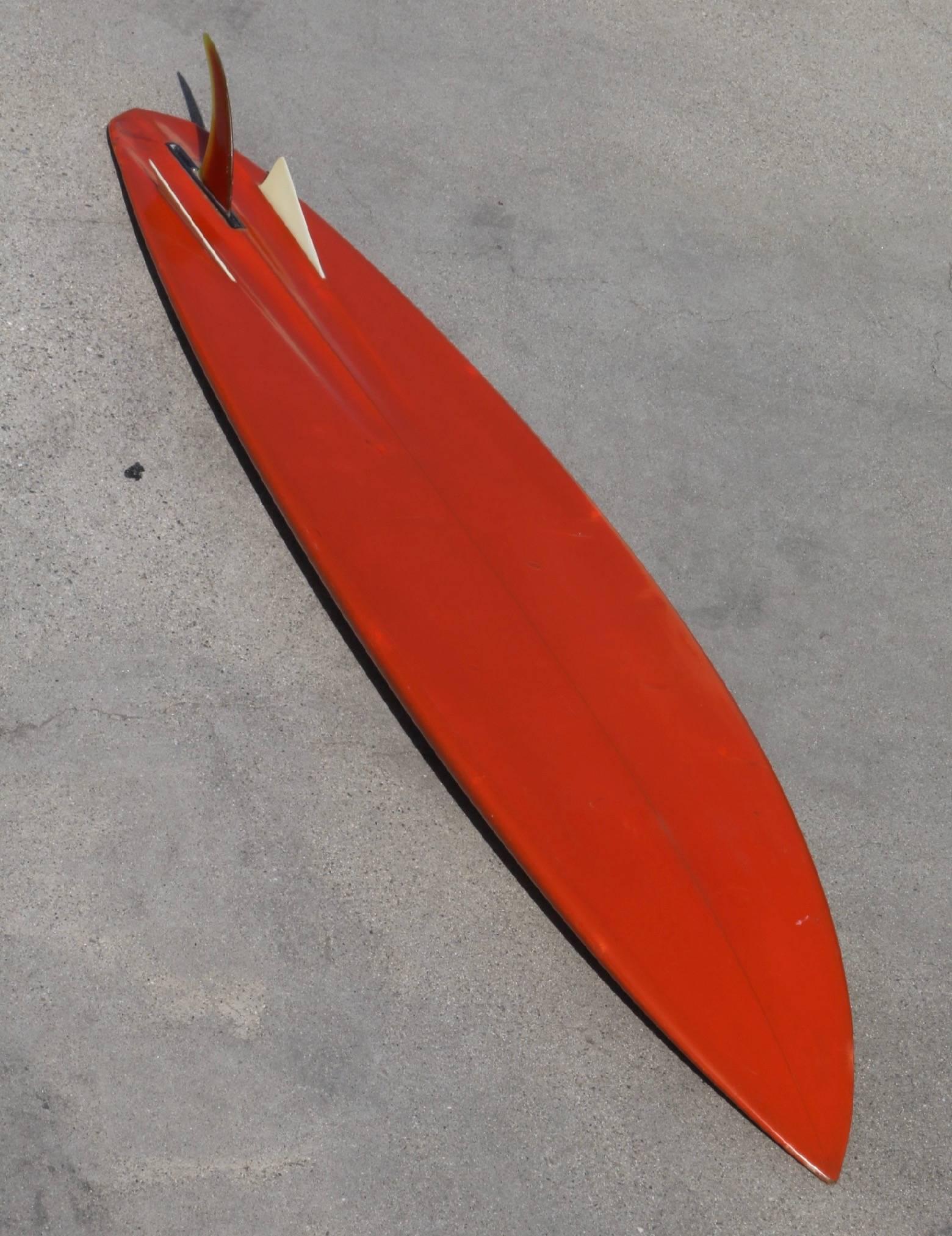 All original and wonderful Rick Bonzer surfboard, shaped by Mike Eaton, circa 1973. Amazing impactful shape, dense vibrant color, great history and all in a manageable size for display.  

This board is indicative of a time when shapers and surfers