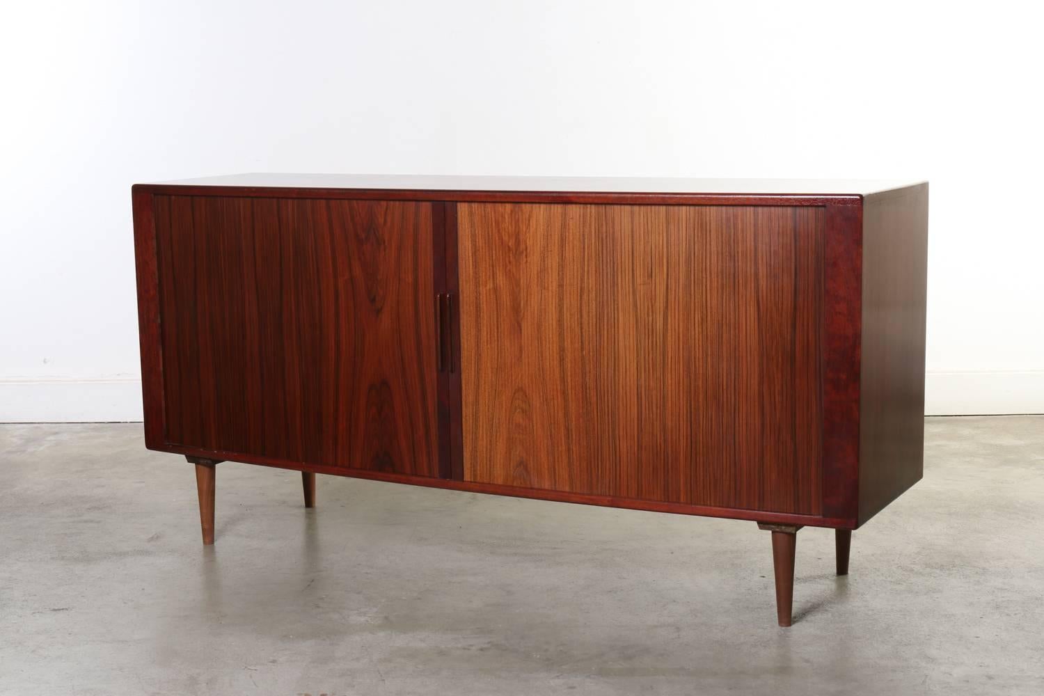 Rosewood Credenza Cabinet with Tambour Doors Made in Denmark by H. P. Hansen In Good Condition In Los Angeles, CA