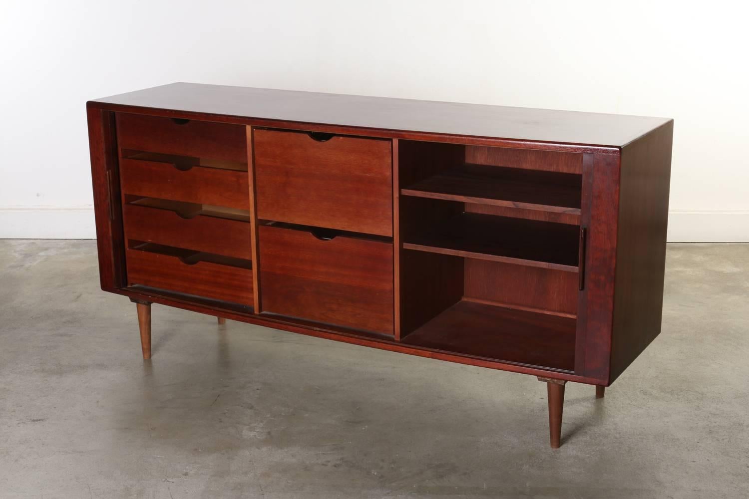 Mid-20th Century Rosewood Credenza Cabinet with Tambour Doors Made in Denmark by H. P. Hansen