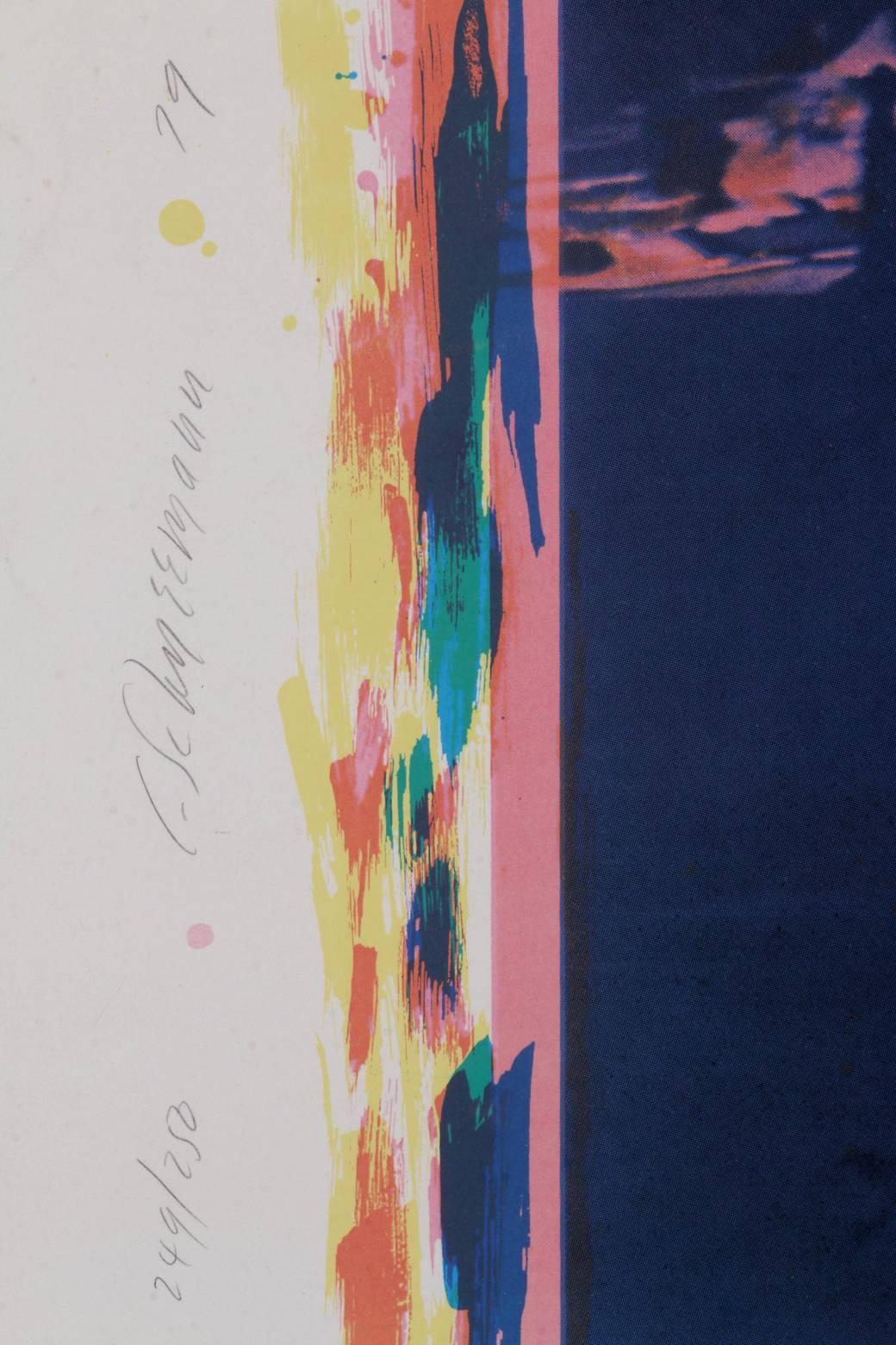 Original Kinetic, feminist graphic artwork by Carolee Schneemann has a hand-written story written around a large image of a group seated at a table that is surrounded by and layered with translucent vibrant colors of purple, yellow, green, pink and