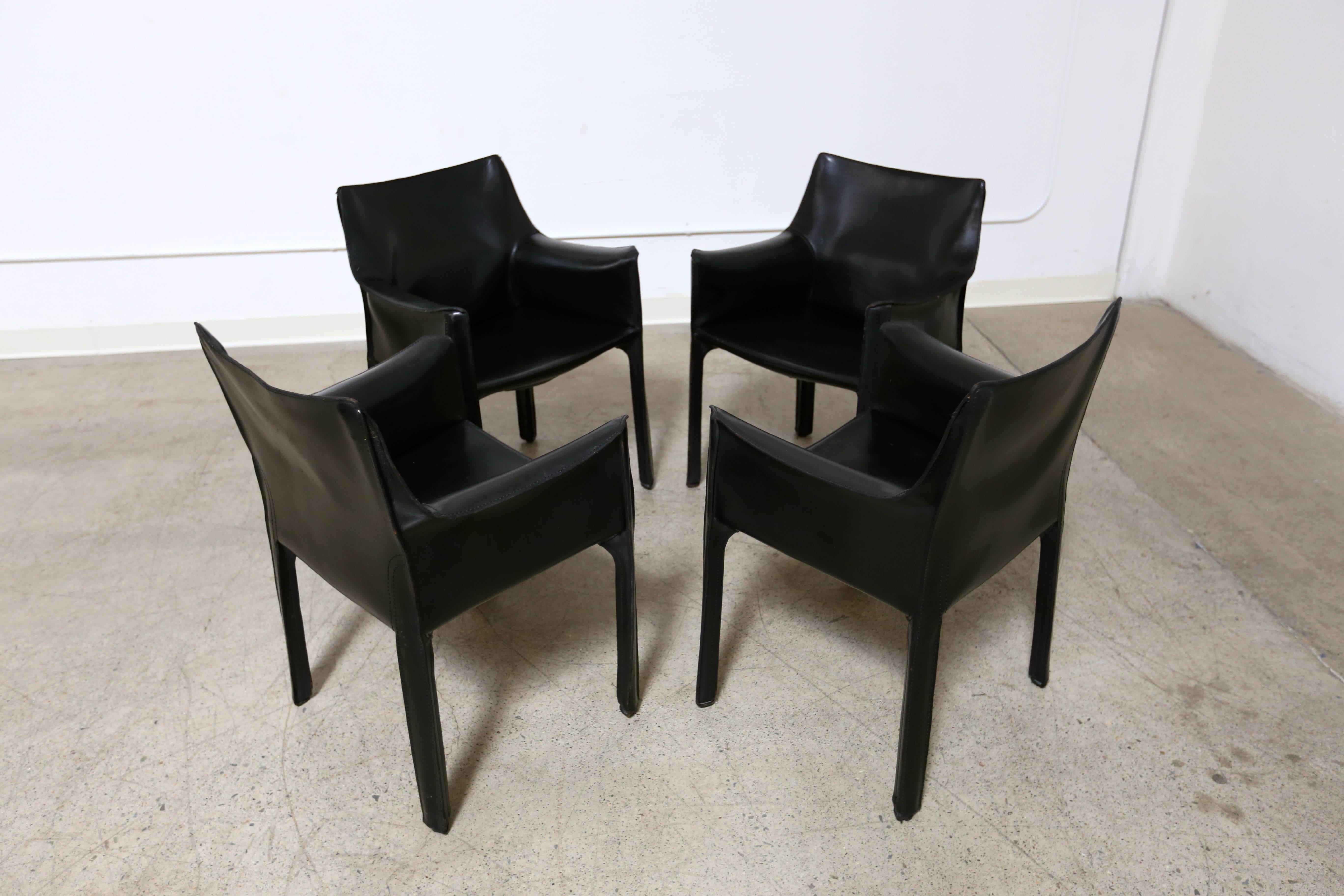 Mid-Century Modern Set of Four Black Cab Armchairs by Mario Bellini for Cassina