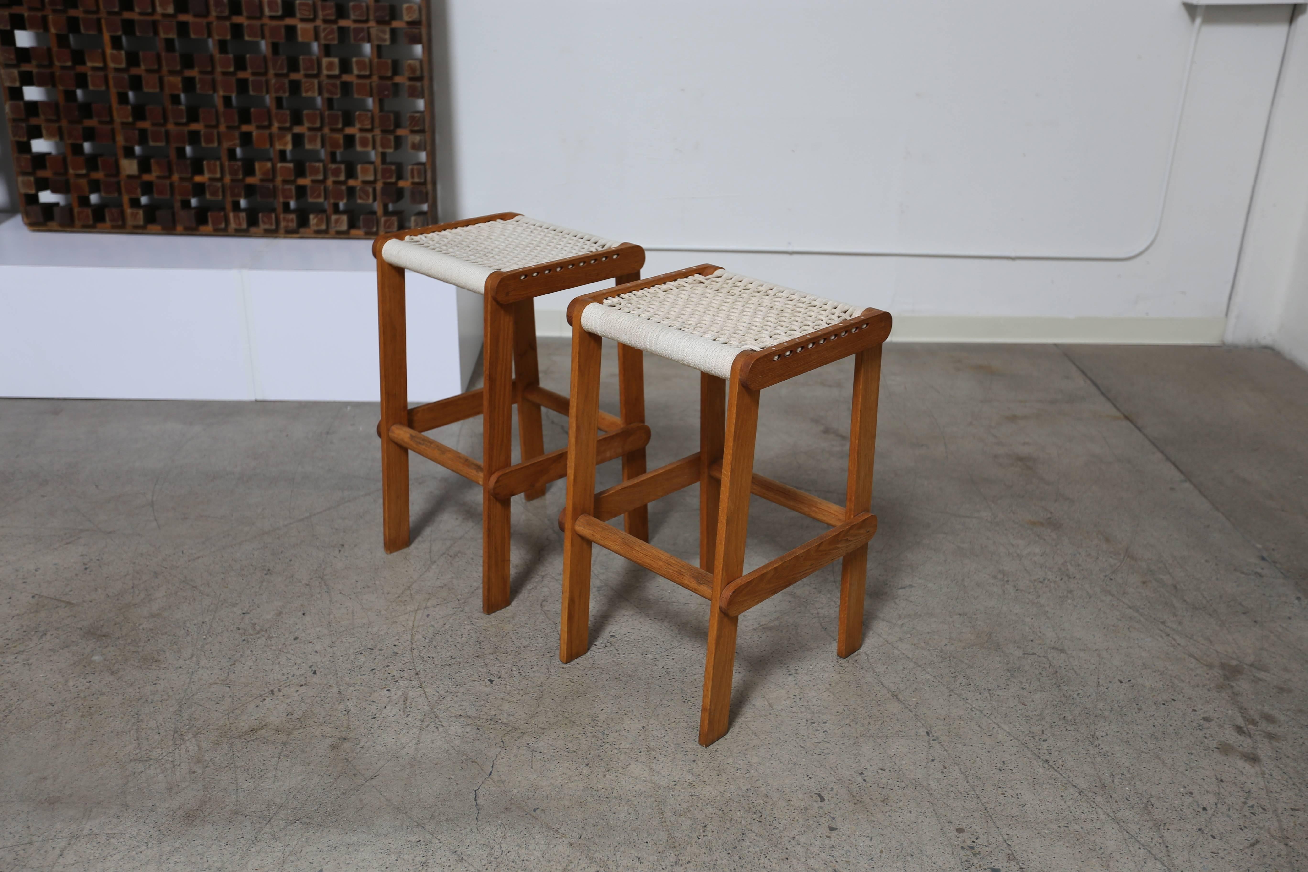 American Pair of Studio Crafted Oak and Rope Stools
