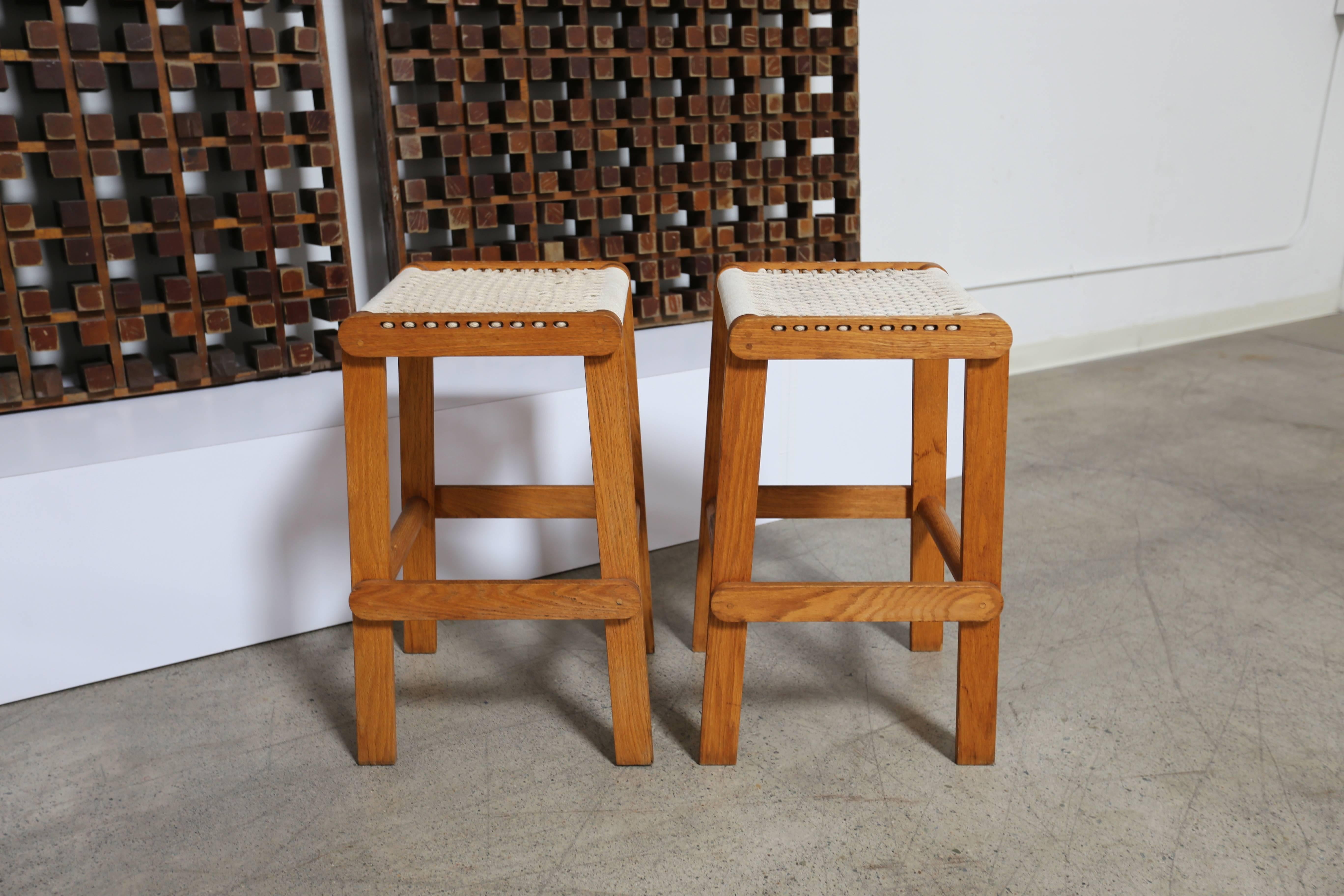 20th Century Pair of Studio Crafted Oak and Rope Stools
