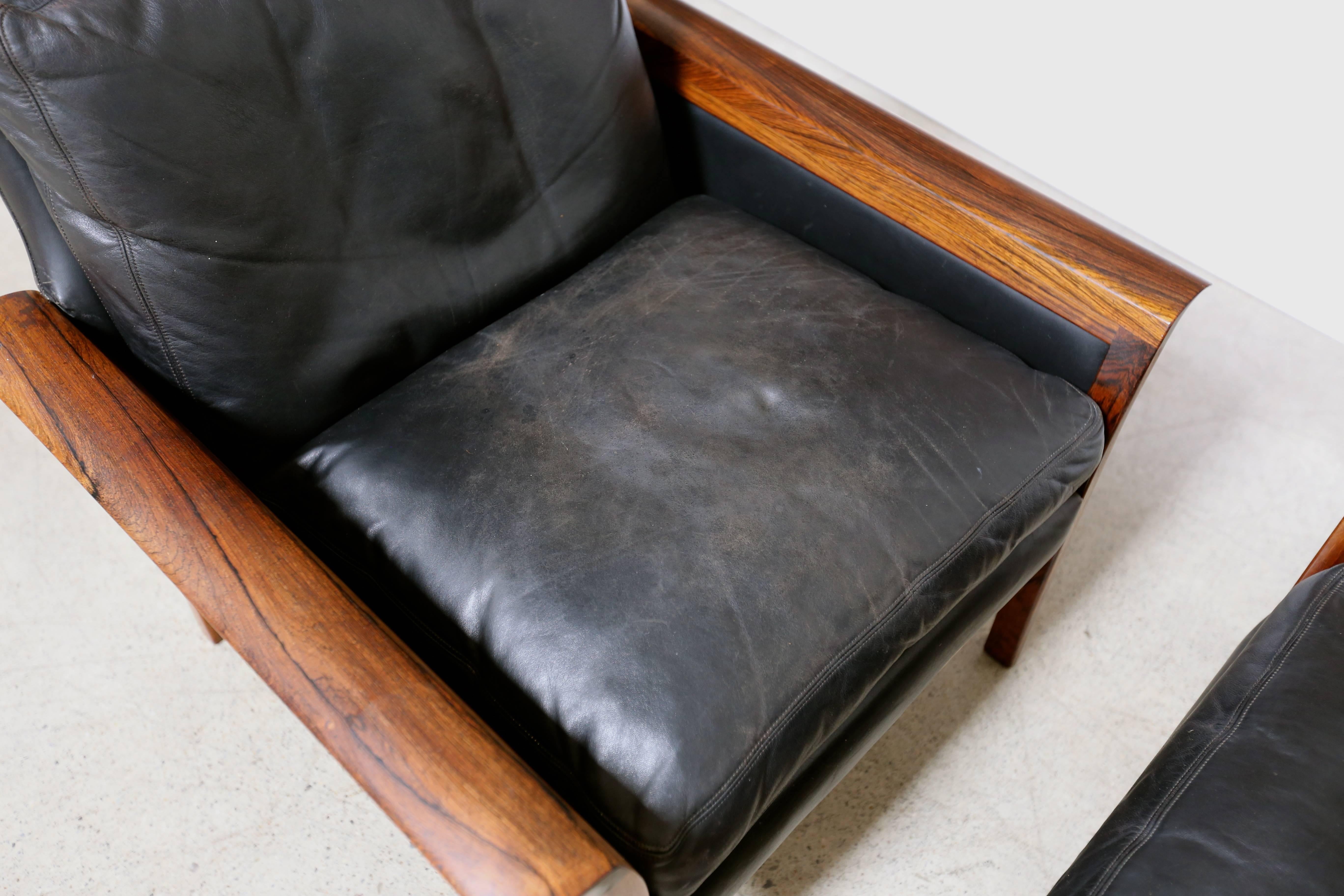 Pair of Rosewood and Leather Lounge Chairs by Knut Saeter 2