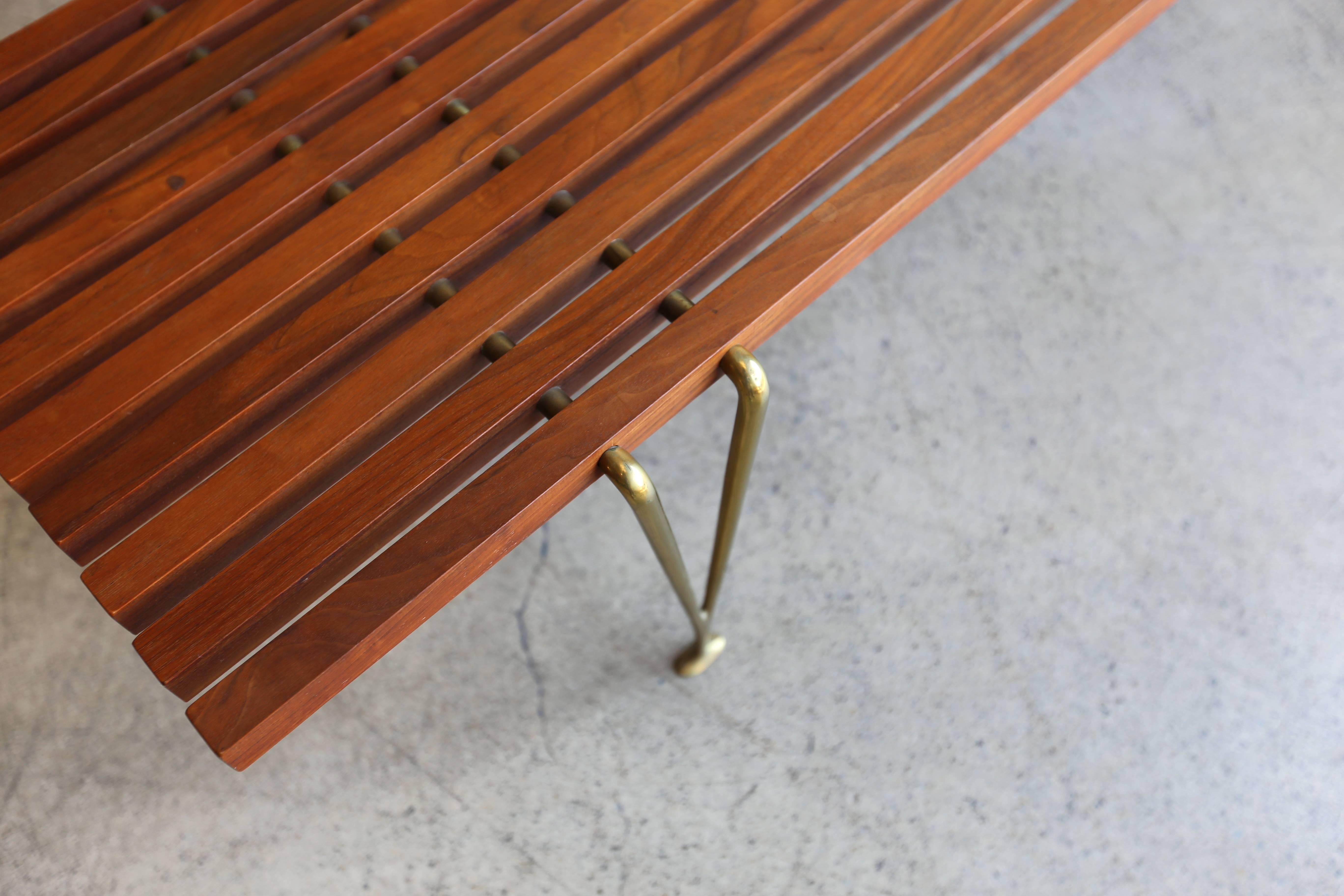 Walnut and Brass Slat Bench by Hugh Acton In Good Condition In Costa Mesa, CA