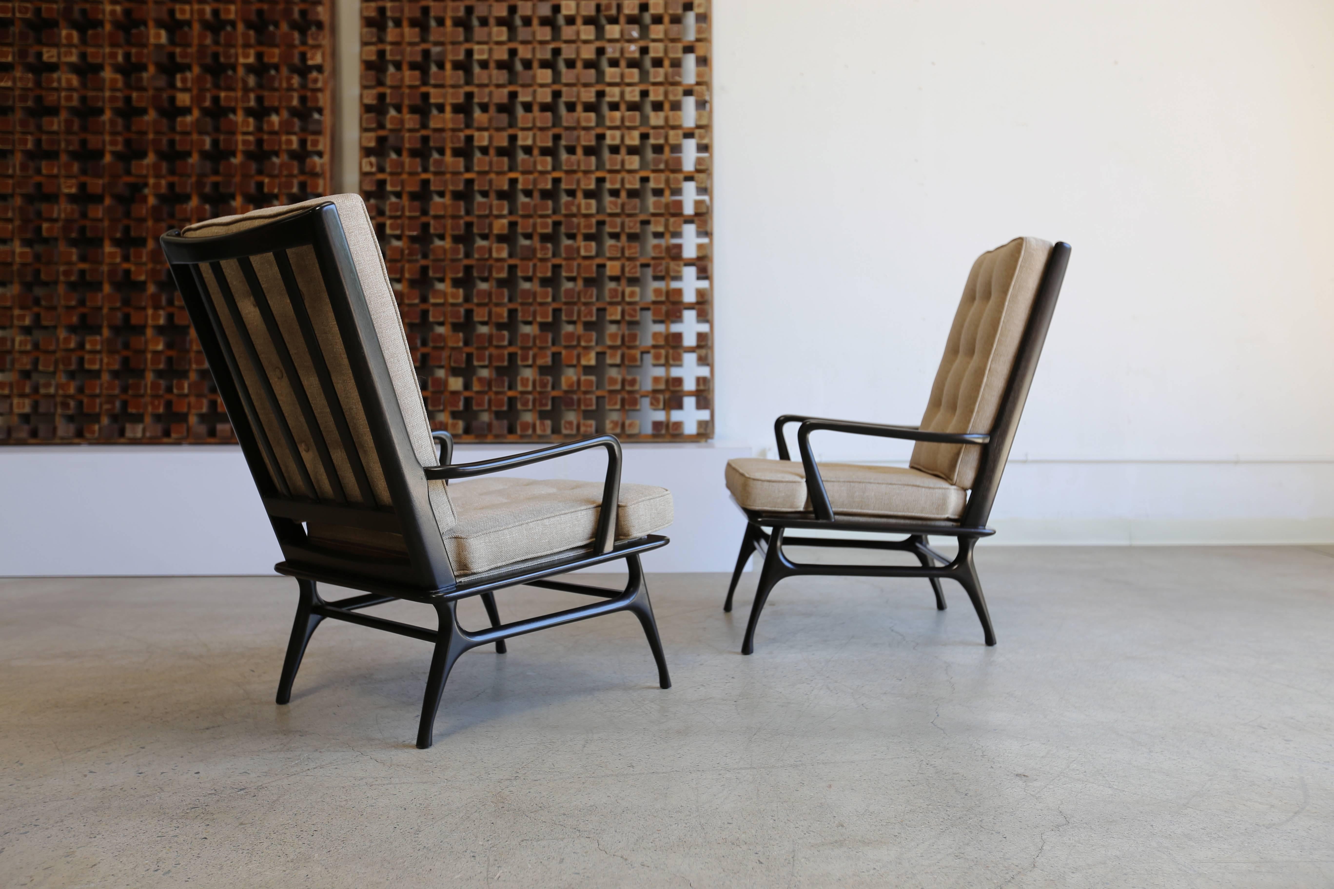 Ebonized Pair of Sculptural High Back Lounge Chairs