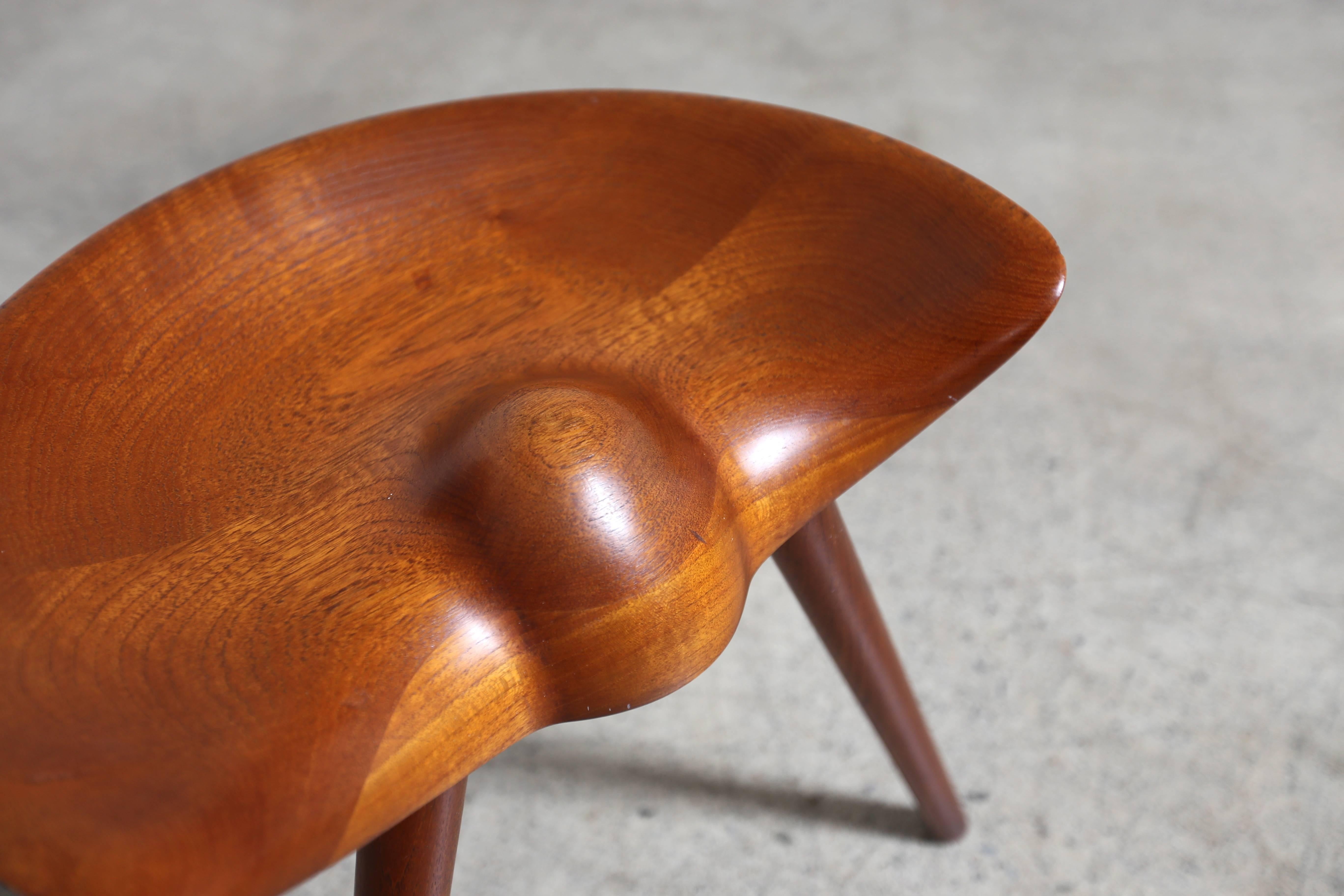 Sculpted teak stool by Mogens Lassen for K. Thomsen.