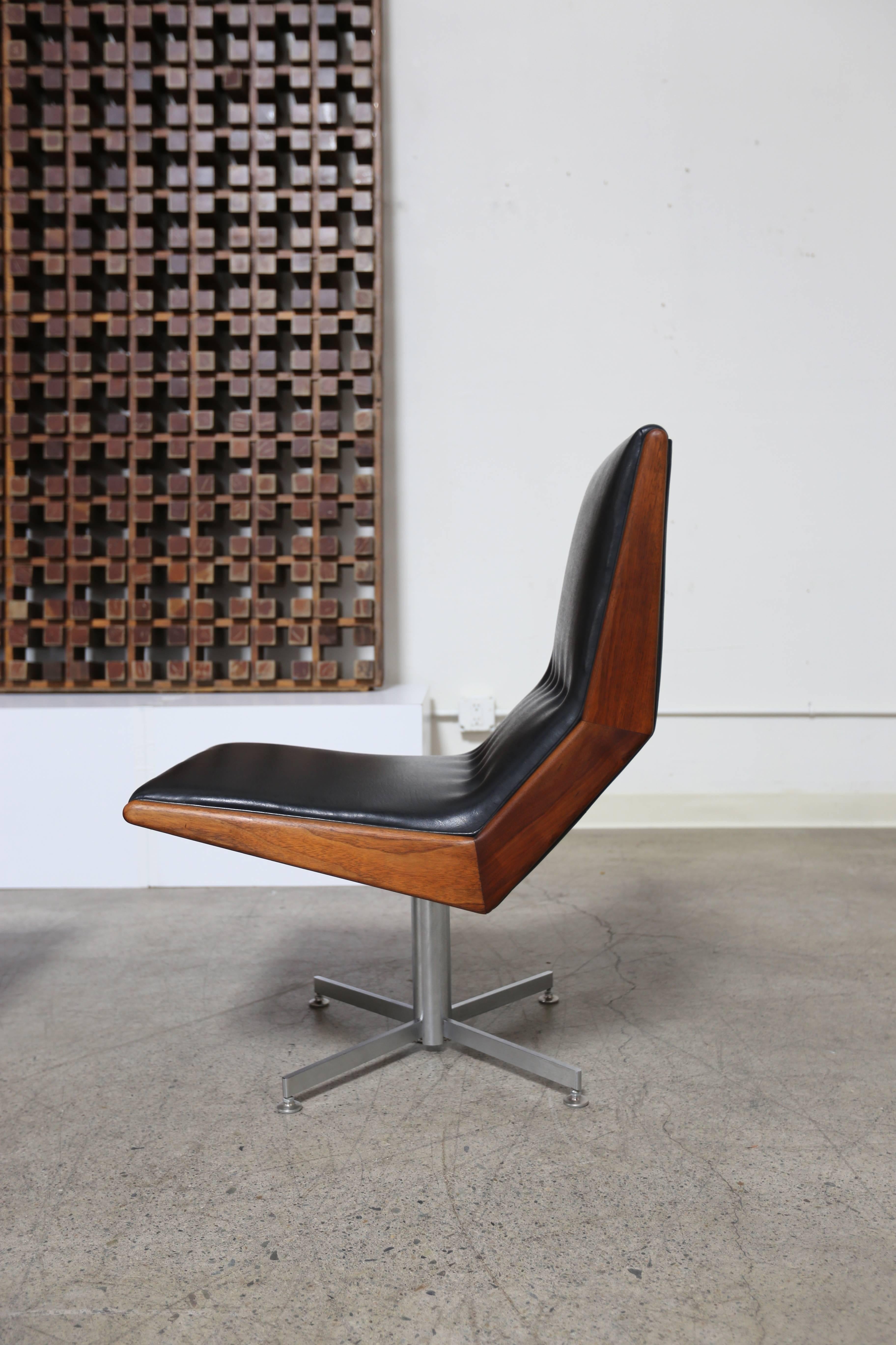 Steel Pair of Modernist Walnut Framed Swivel Chairs