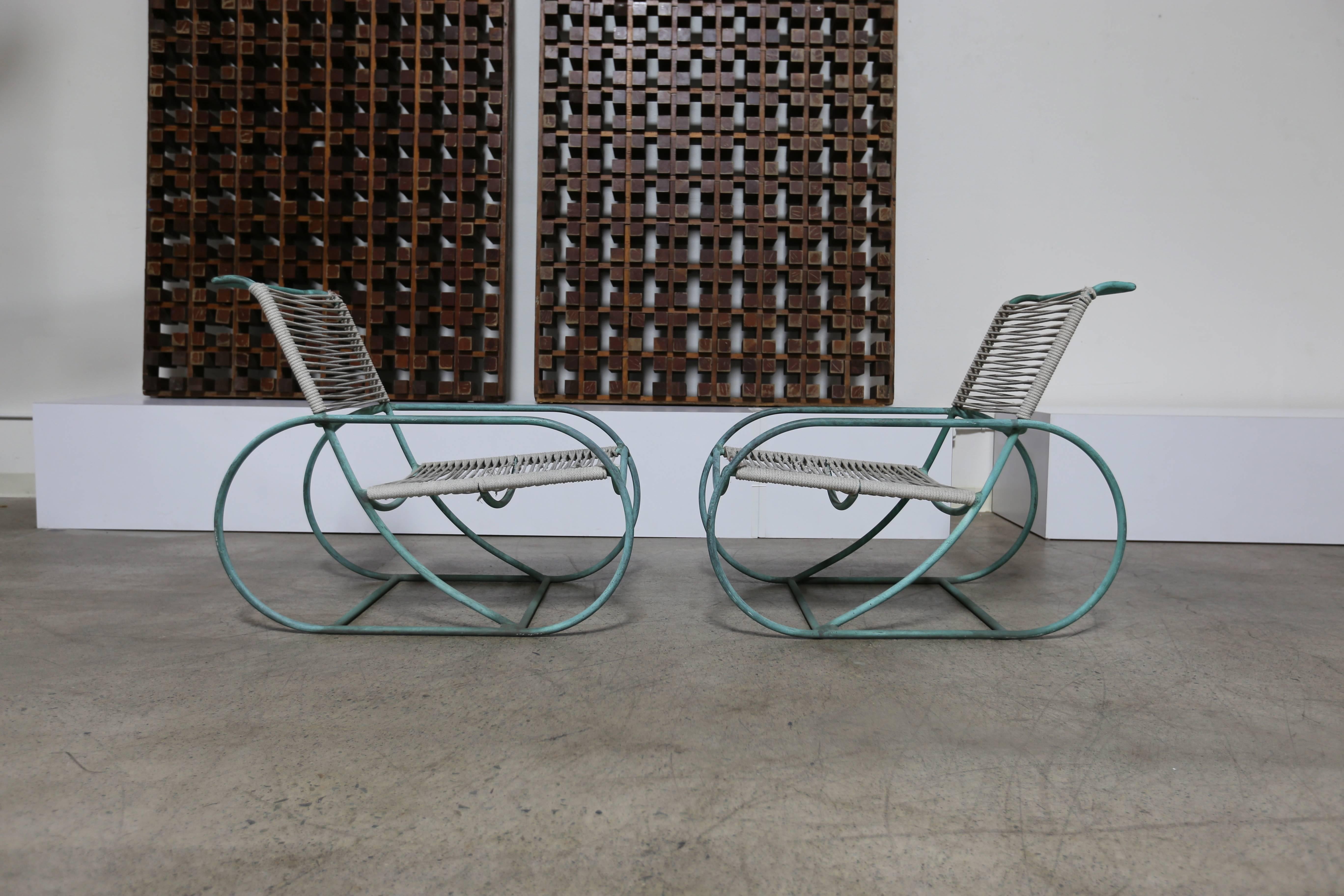 Pair of tubular bronze lounge chairs by Kipp Stewart for Terra Furniture.