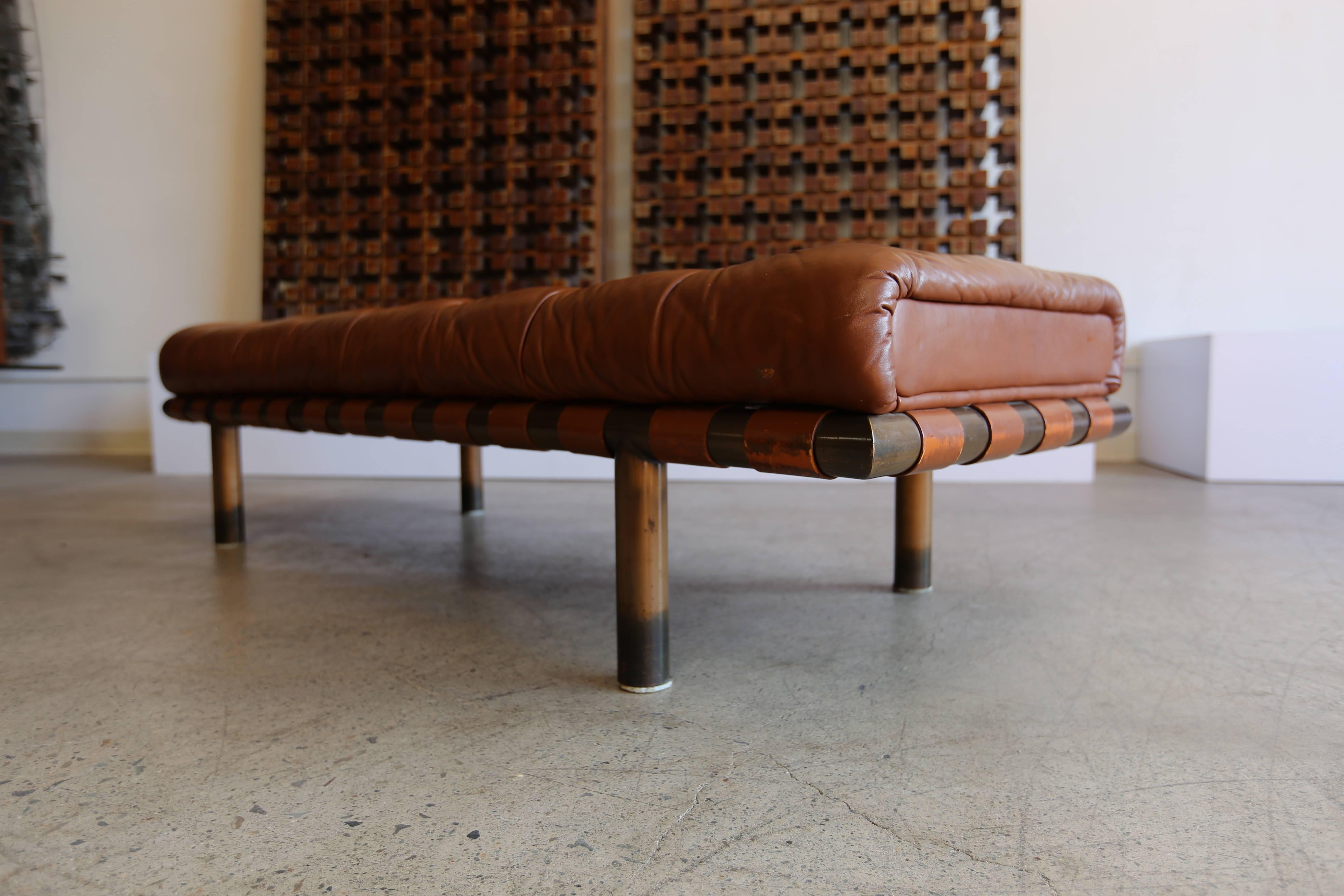 Brass and Tufted Leather Bench In Good Condition In Costa Mesa, CA