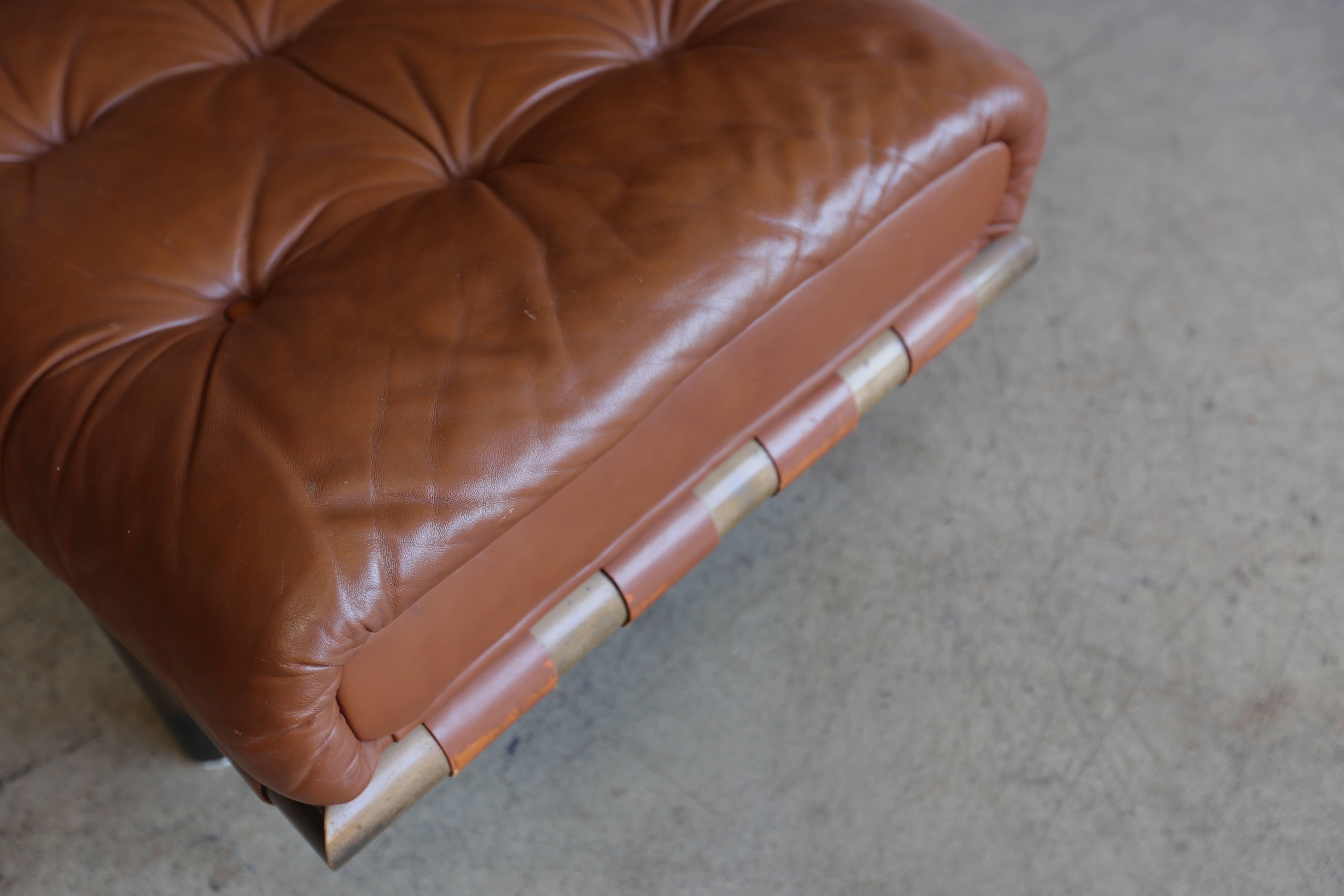 20th Century Brass and Tufted Leather Bench