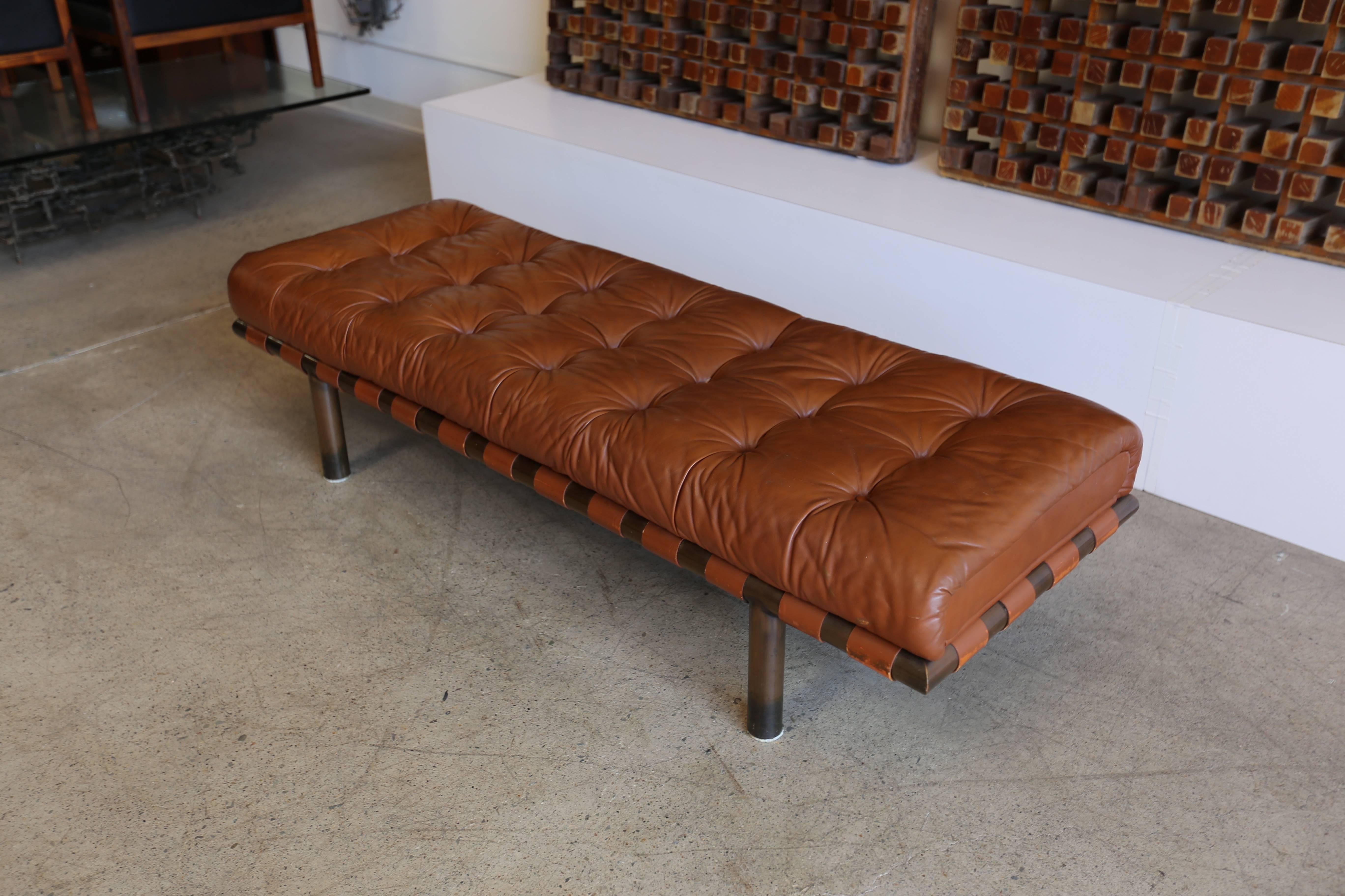 Mid-Century Modern Brass and Tufted Leather Bench