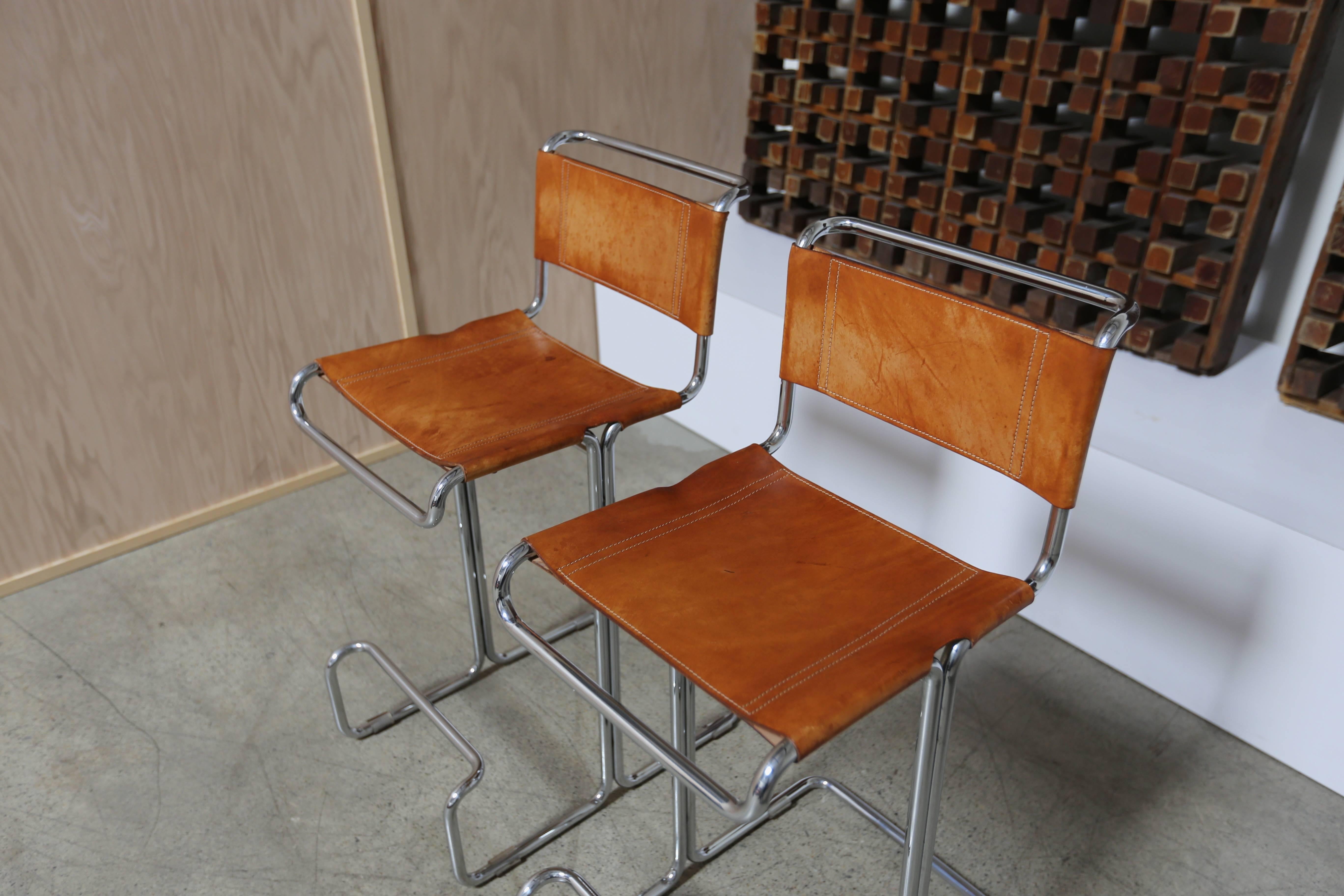 Pair of Leather and Chrome Barstools by Stendig  In Good Condition In Denton, TX