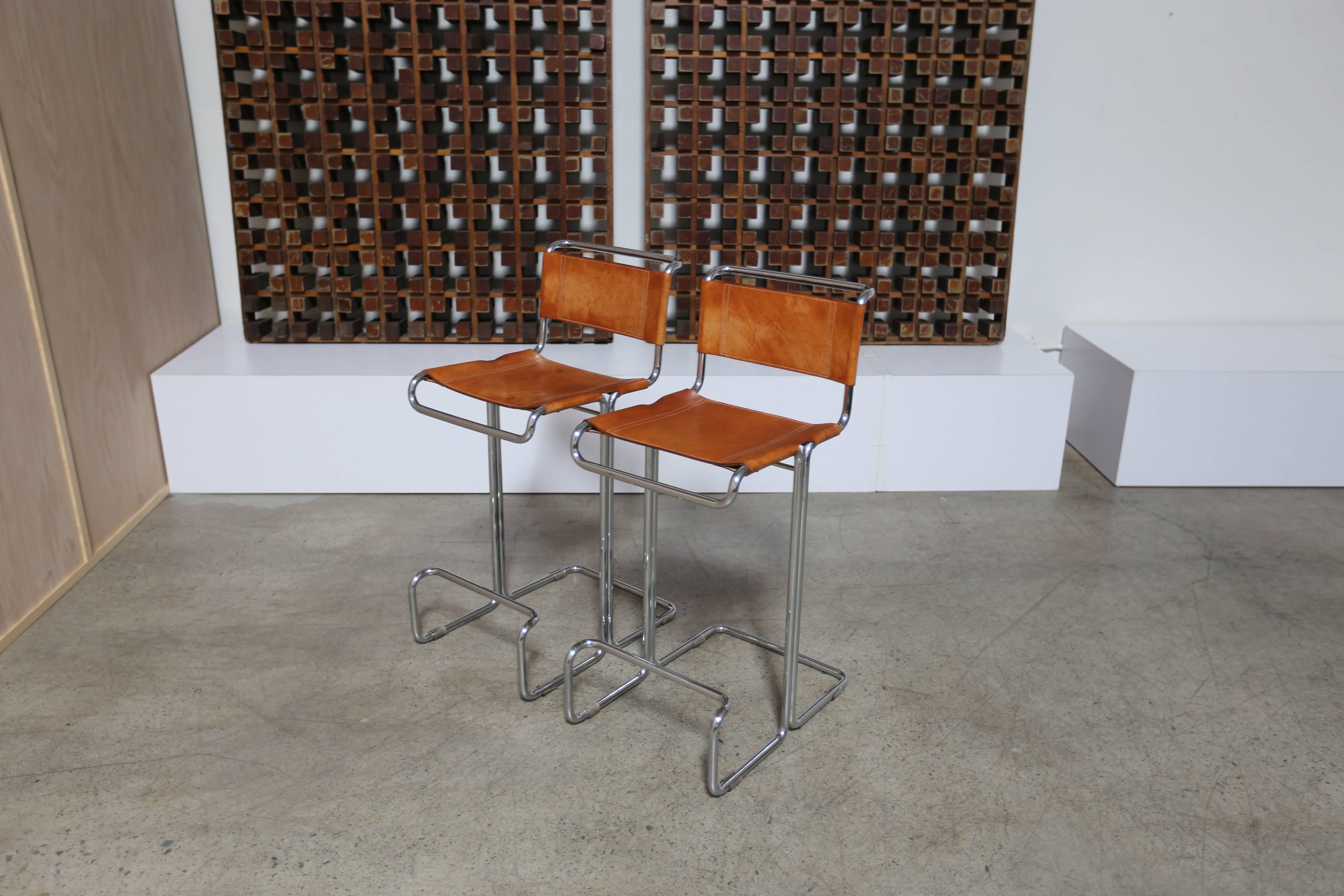 Pair of Leather and Chrome Barstools by Stendig  1