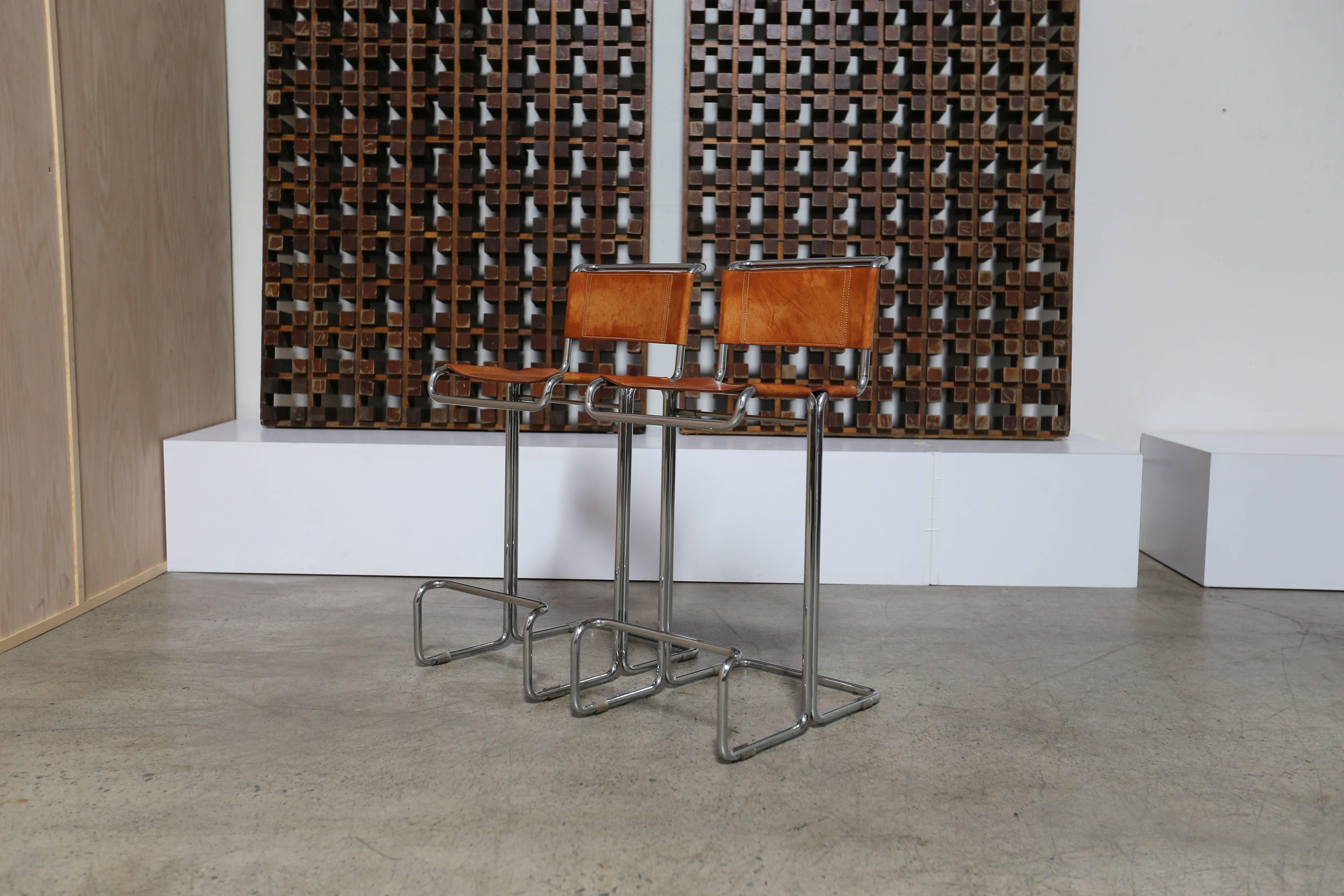 American Pair of Leather and Chrome Barstools by Stendig 