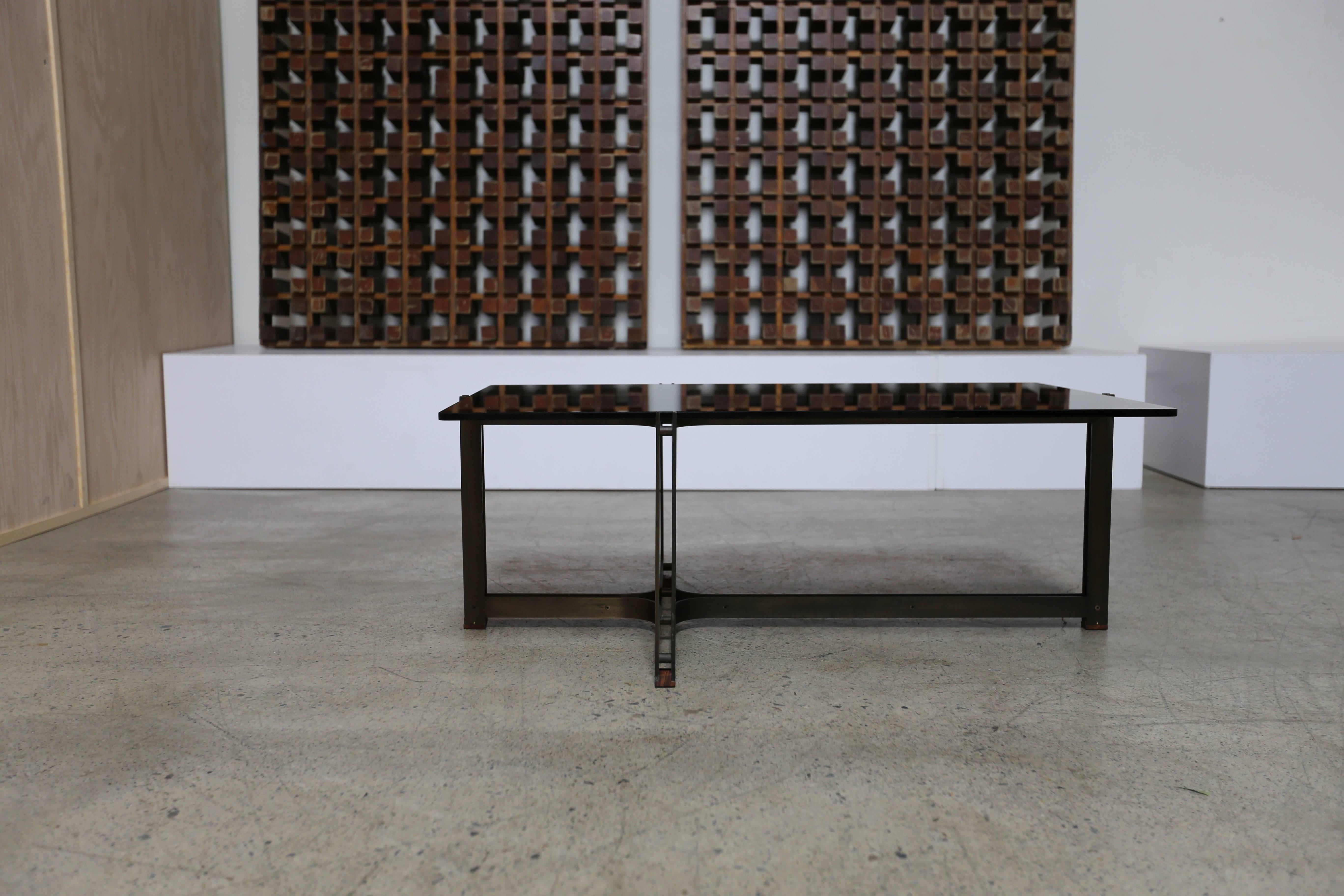 Bronze, rosewood and smoked glass coffee table by Tom Lopinski for Dunbar.