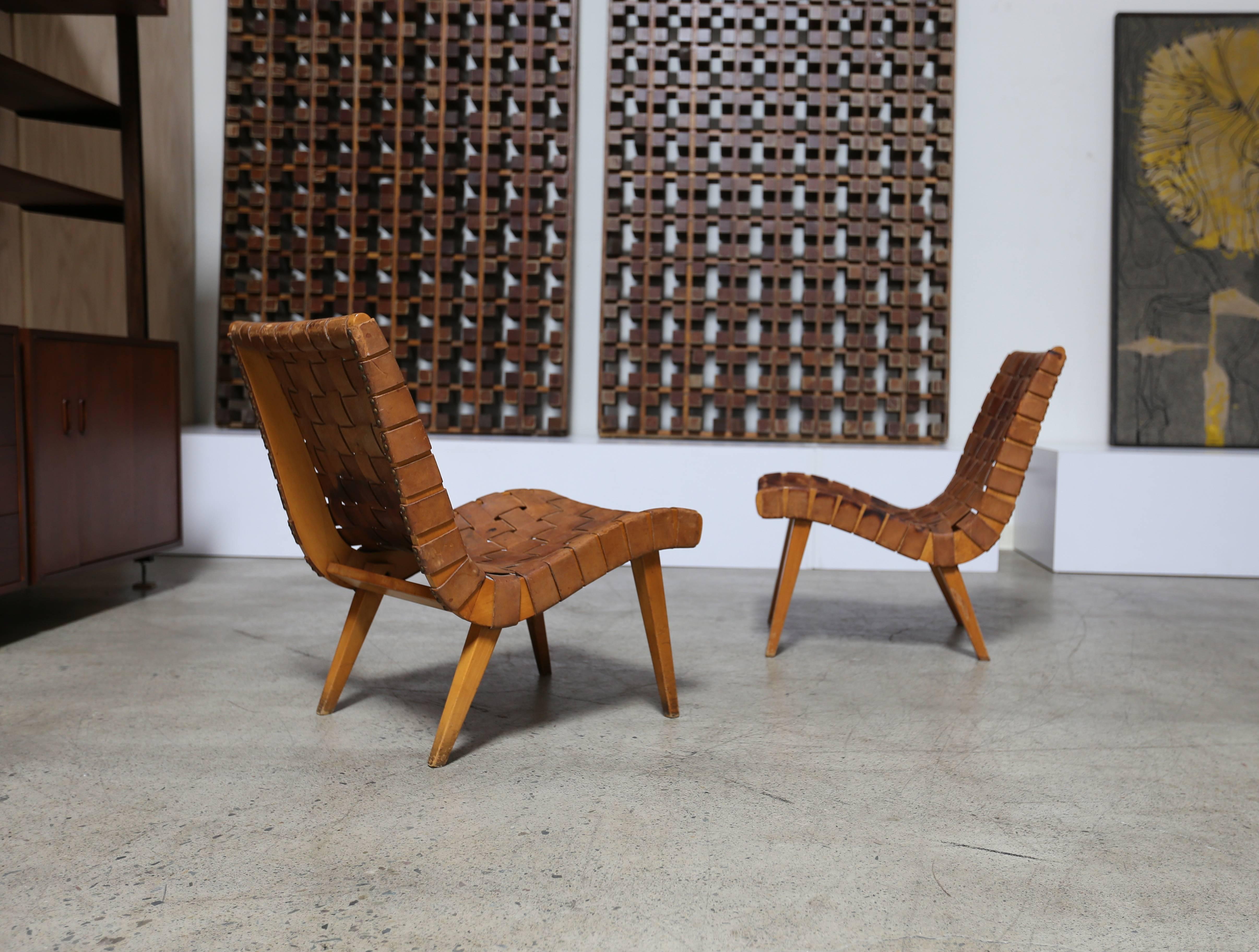 20th Century Jens Risom Leather Strapped Lounge Chairs