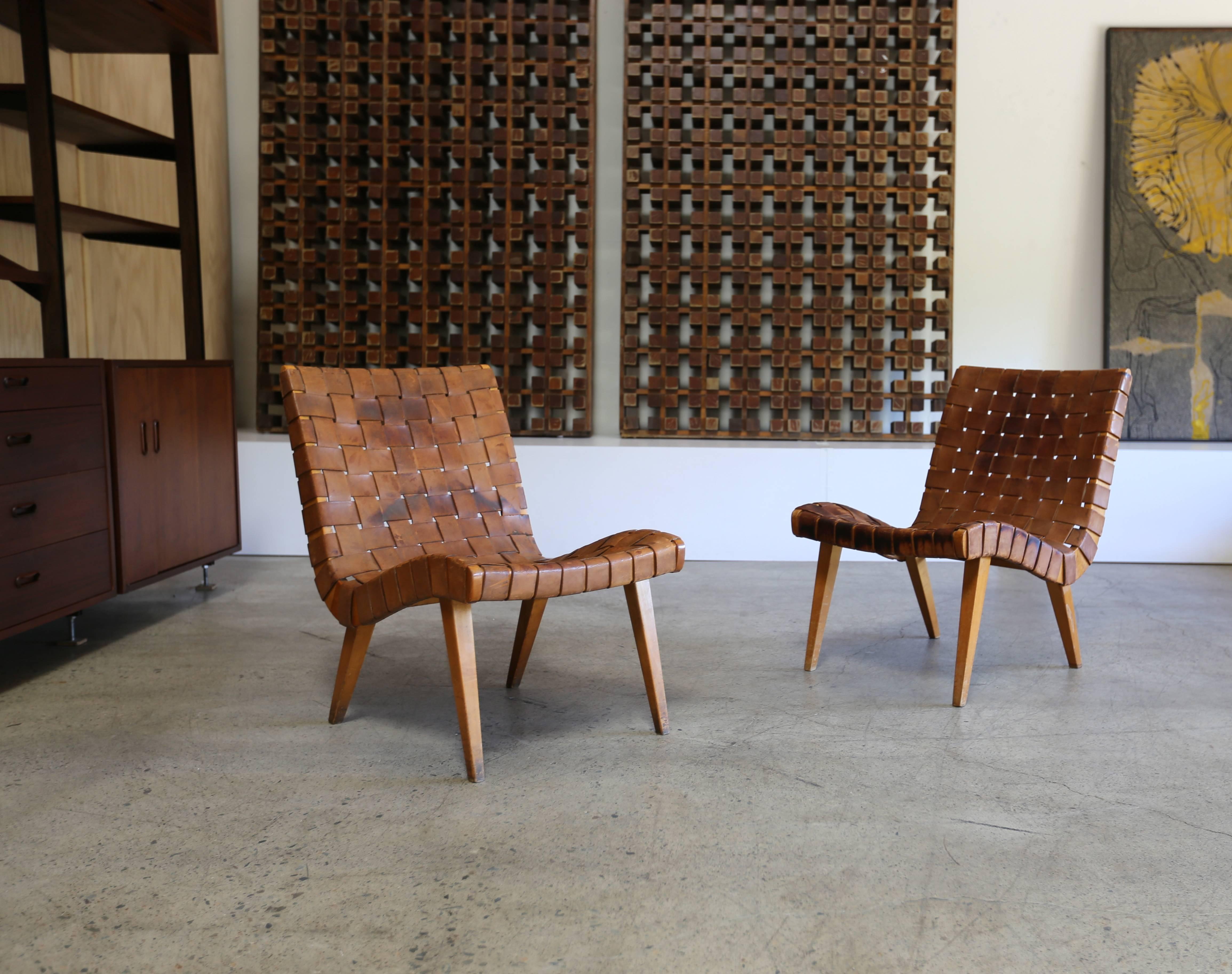 Mid-Century Modern Jens Risom Leather Strapped Lounge Chairs