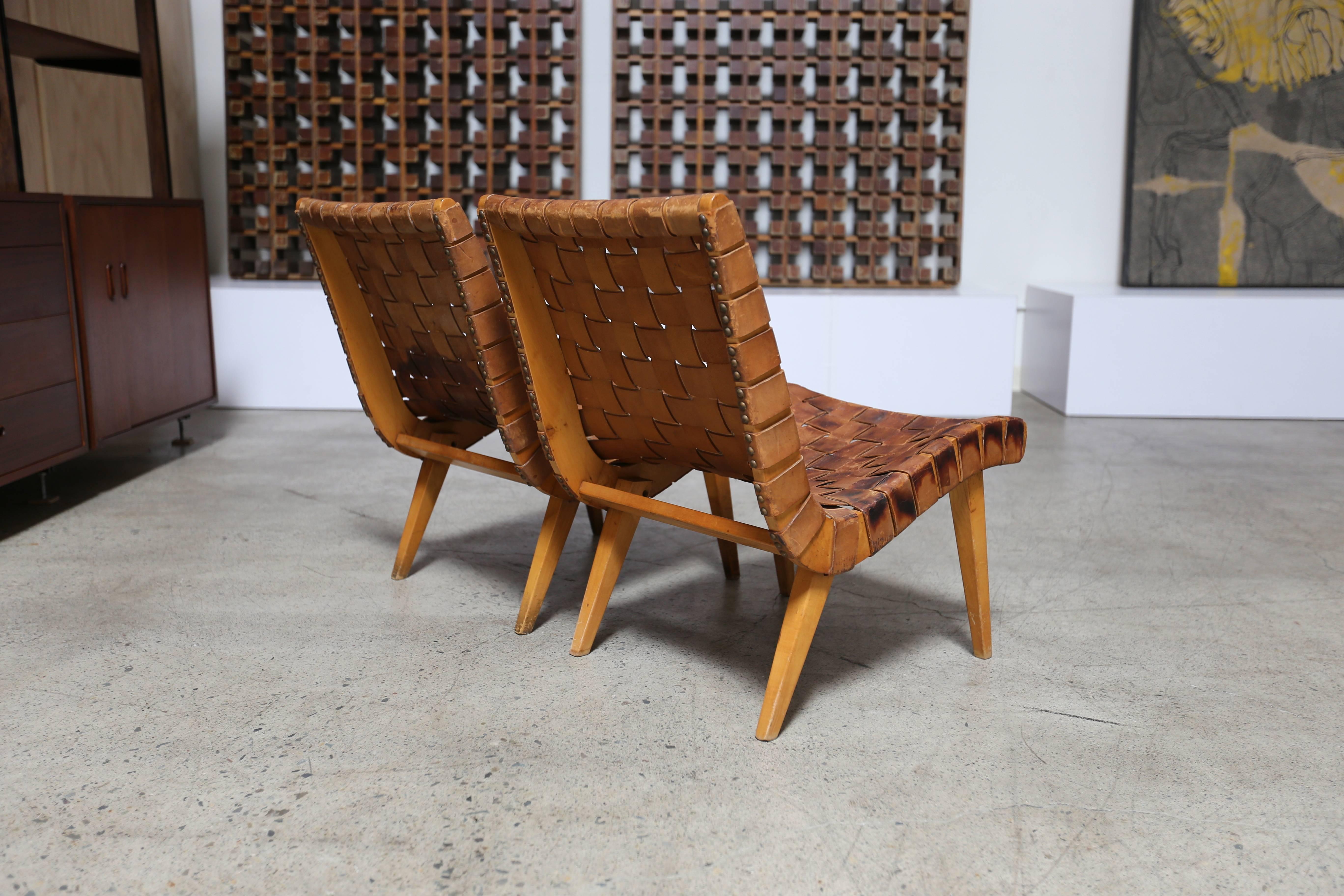 American Jens Risom Leather Strapped Lounge Chairs