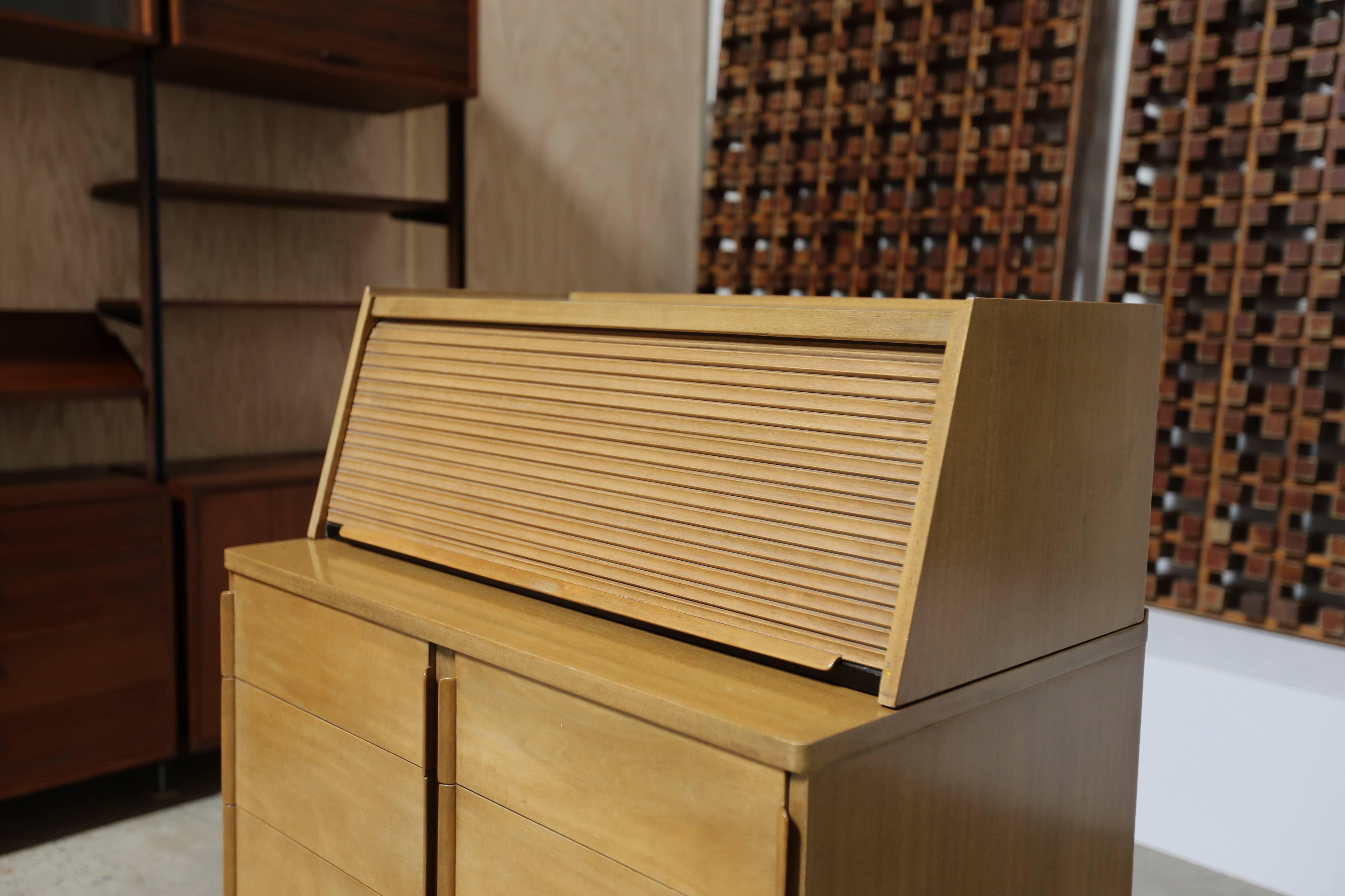 Chest of drawers by Edward Wormley for Dunbar. Rare removable tambour door top storage. Mahogany with rosewood legs.