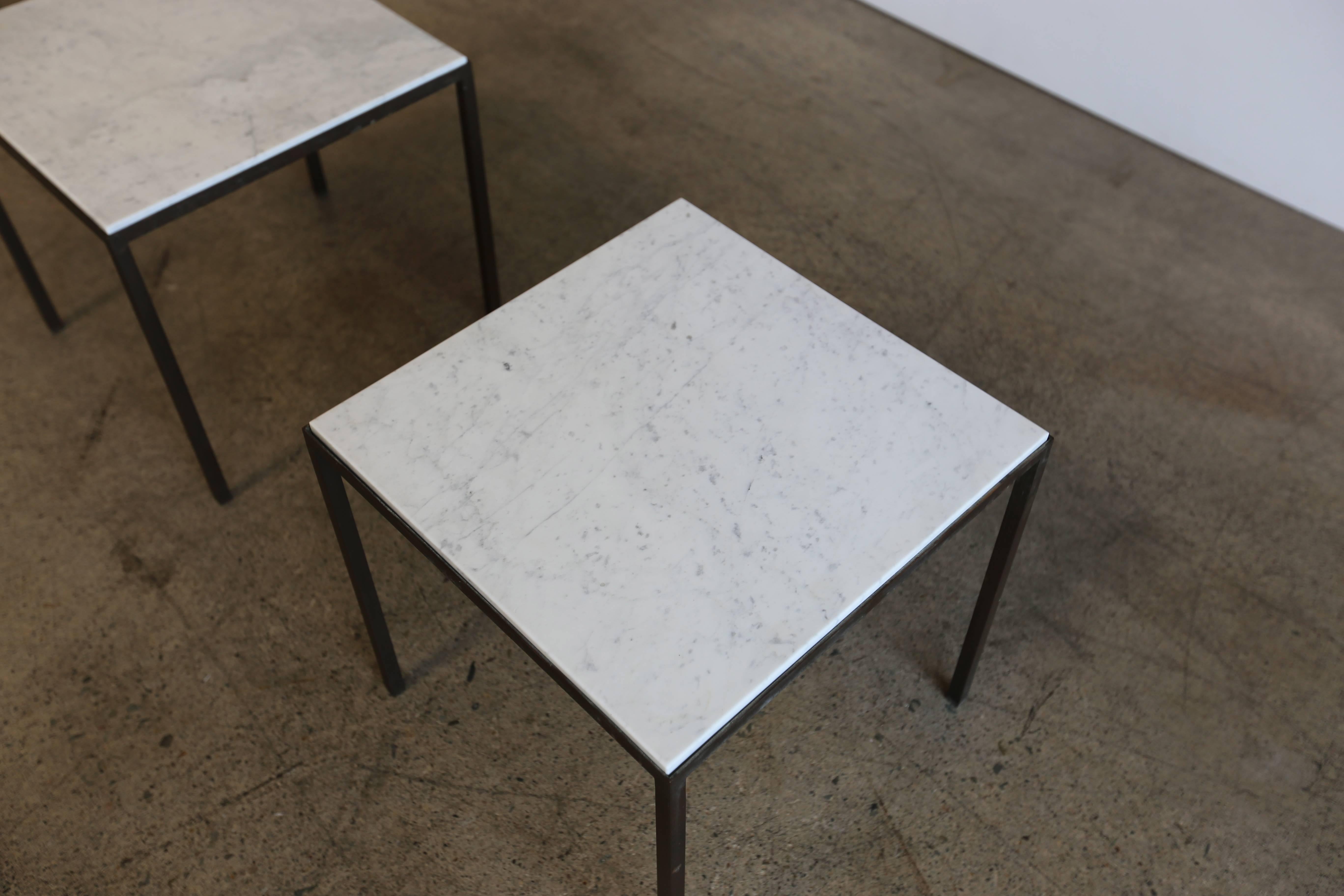 20th Century Patinated Brass and White Marble Side Tables