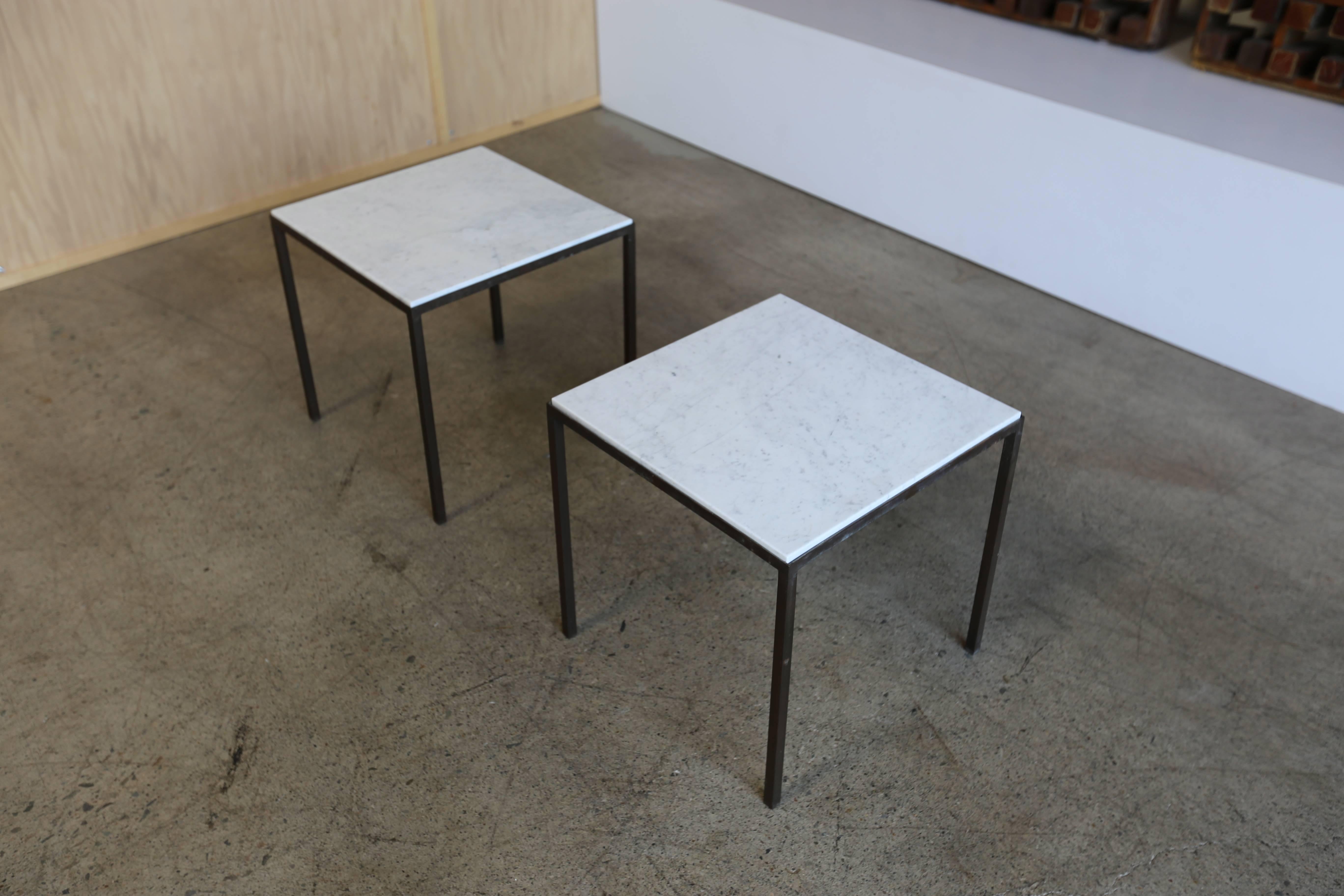 Patinated Brass and White Marble Side Tables In Good Condition In Costa Mesa, CA