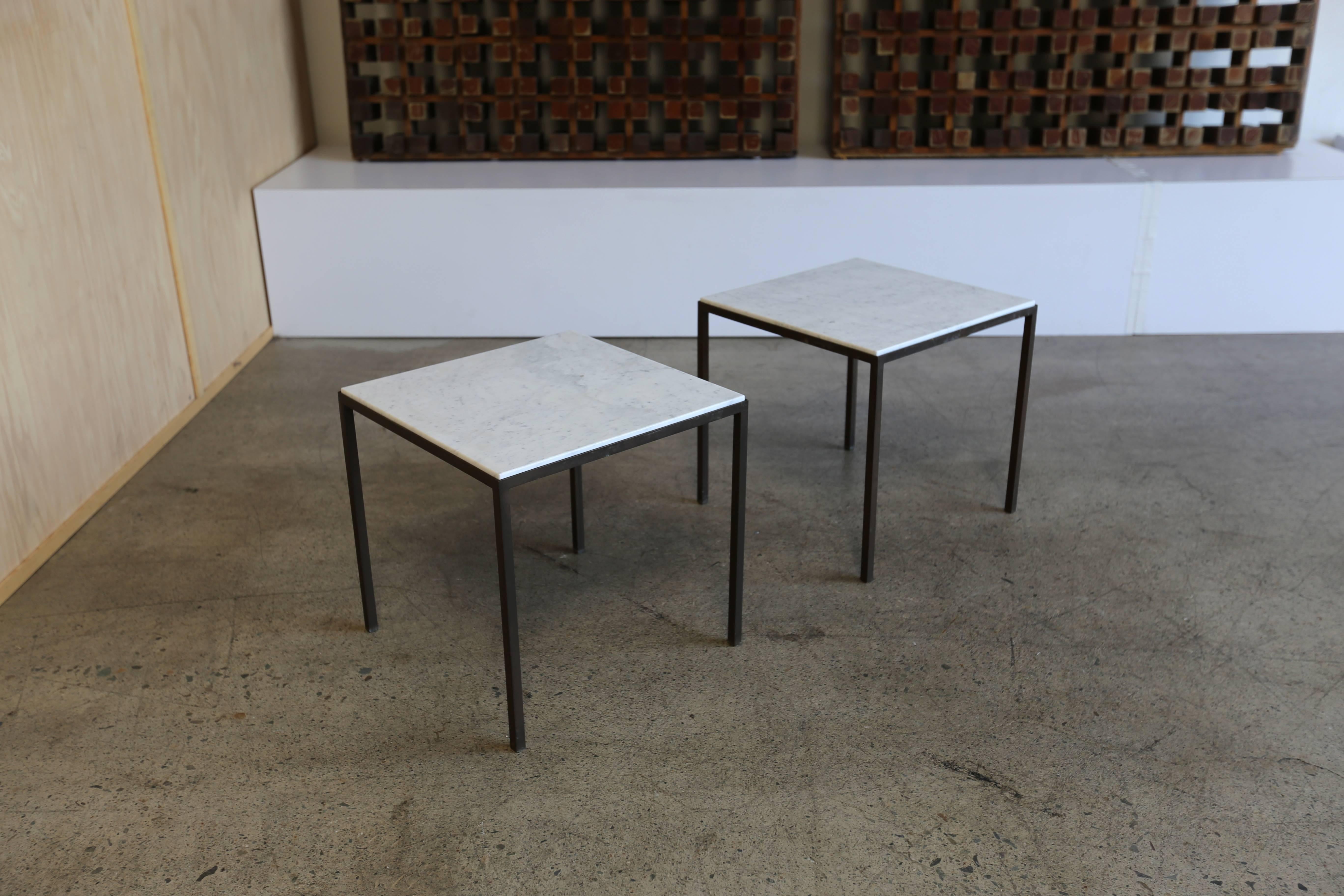 Mid-Century Modern Patinated Brass and White Marble Side Tables