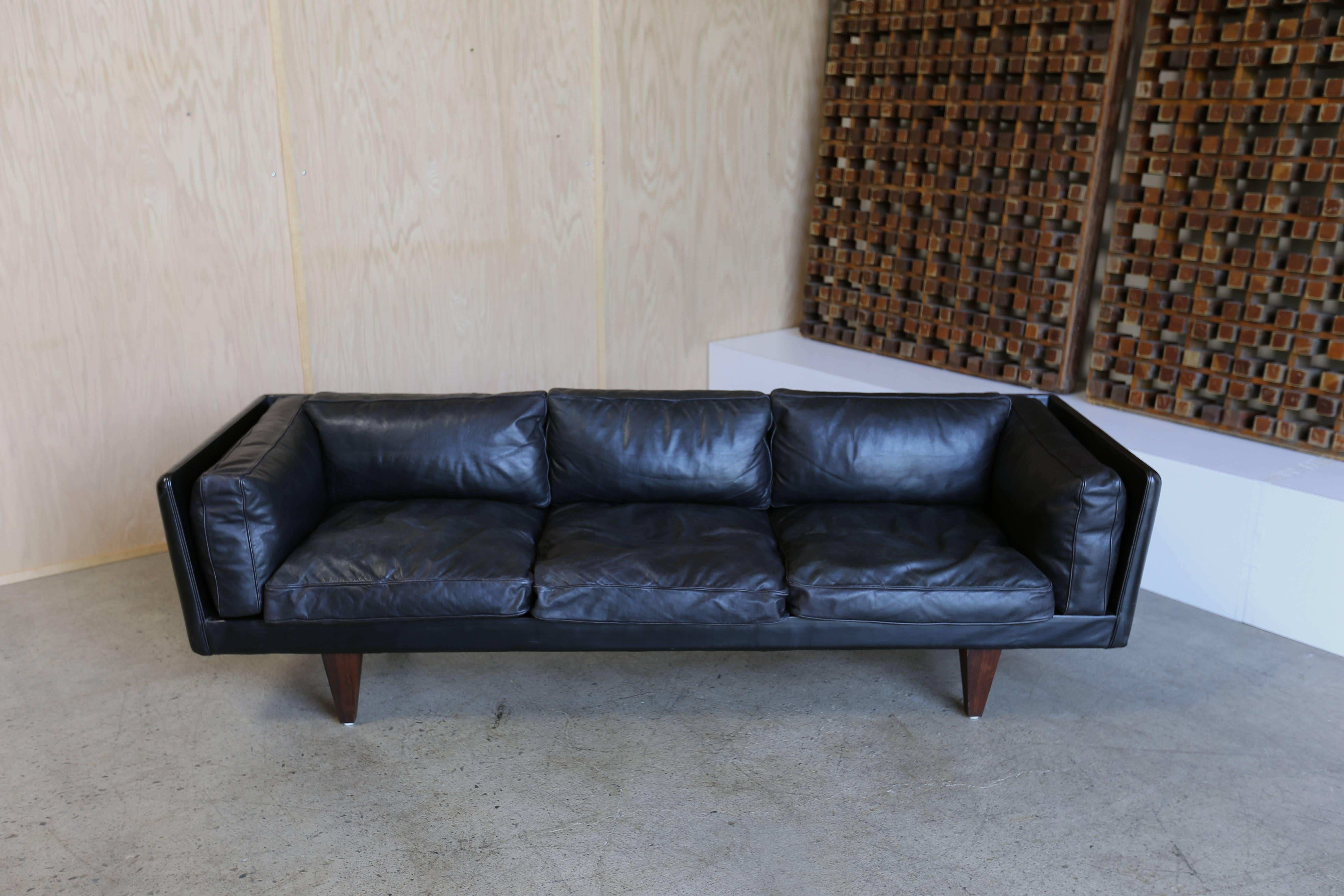 Rosewood and Original Black Leather Sofa by Illum Wikkelsø In Good Condition In Costa Mesa, CA