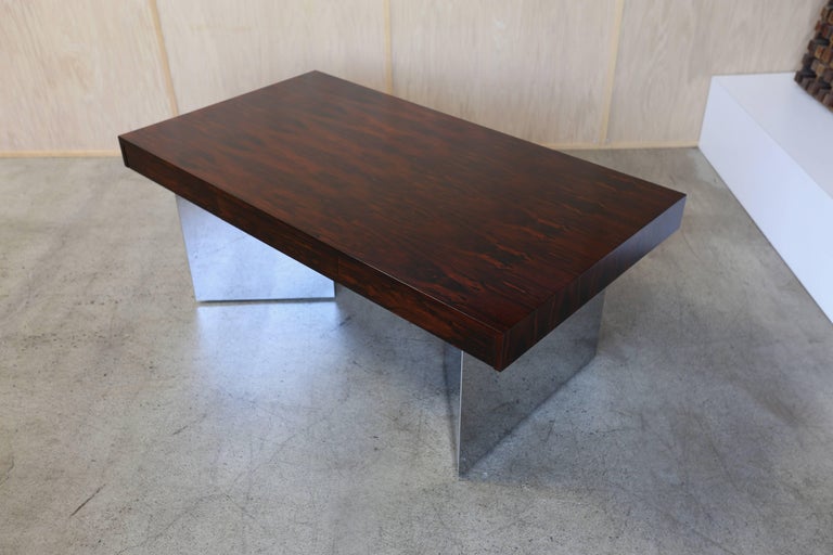 Rosewood and Mirror Polished Stainless Steel Executive Desk by Pace