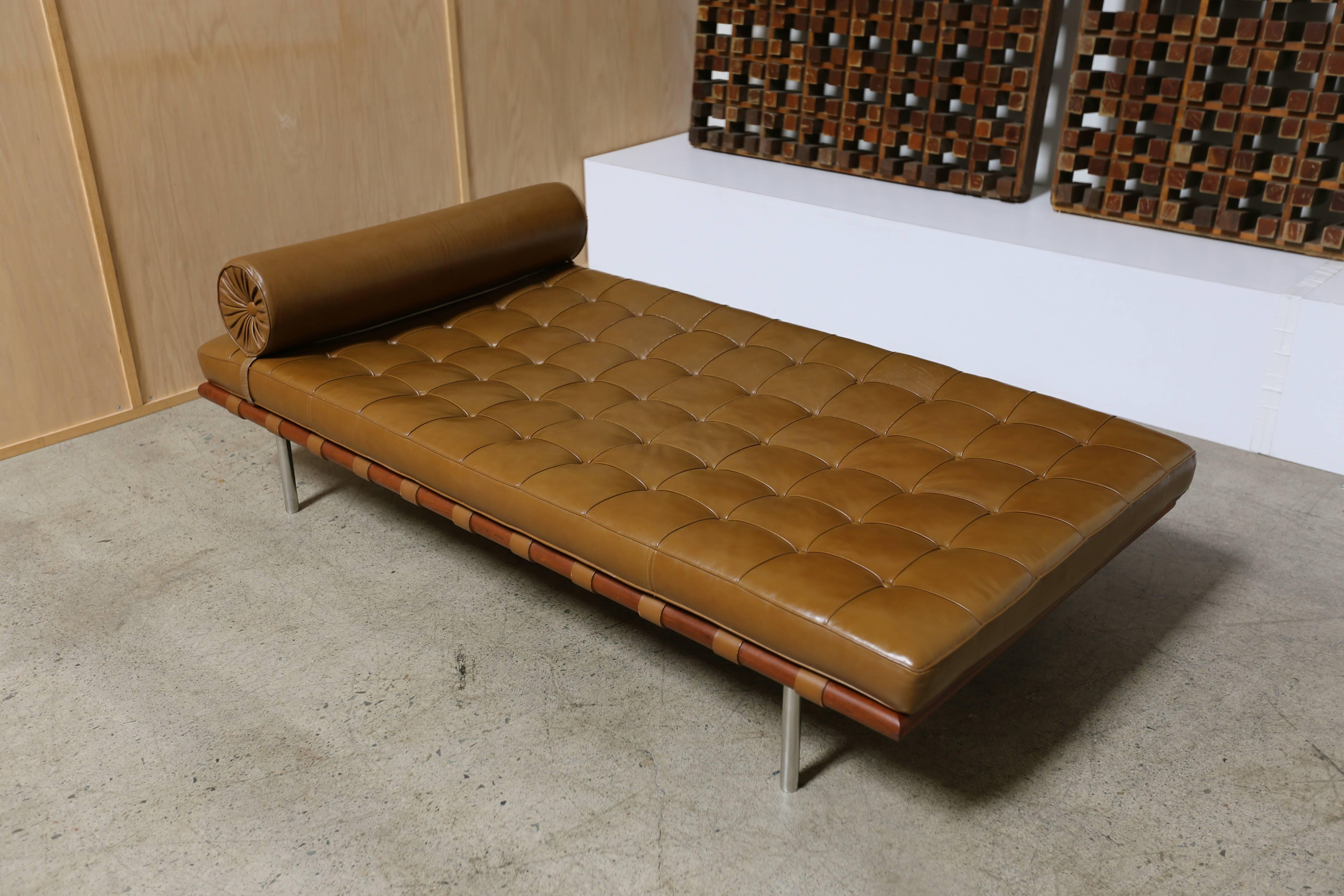 Caramel leather and walnut daybed by Mies van der Rohe for Knoll, 1974. This piece is in very good original condition with a nice patina to the leather.