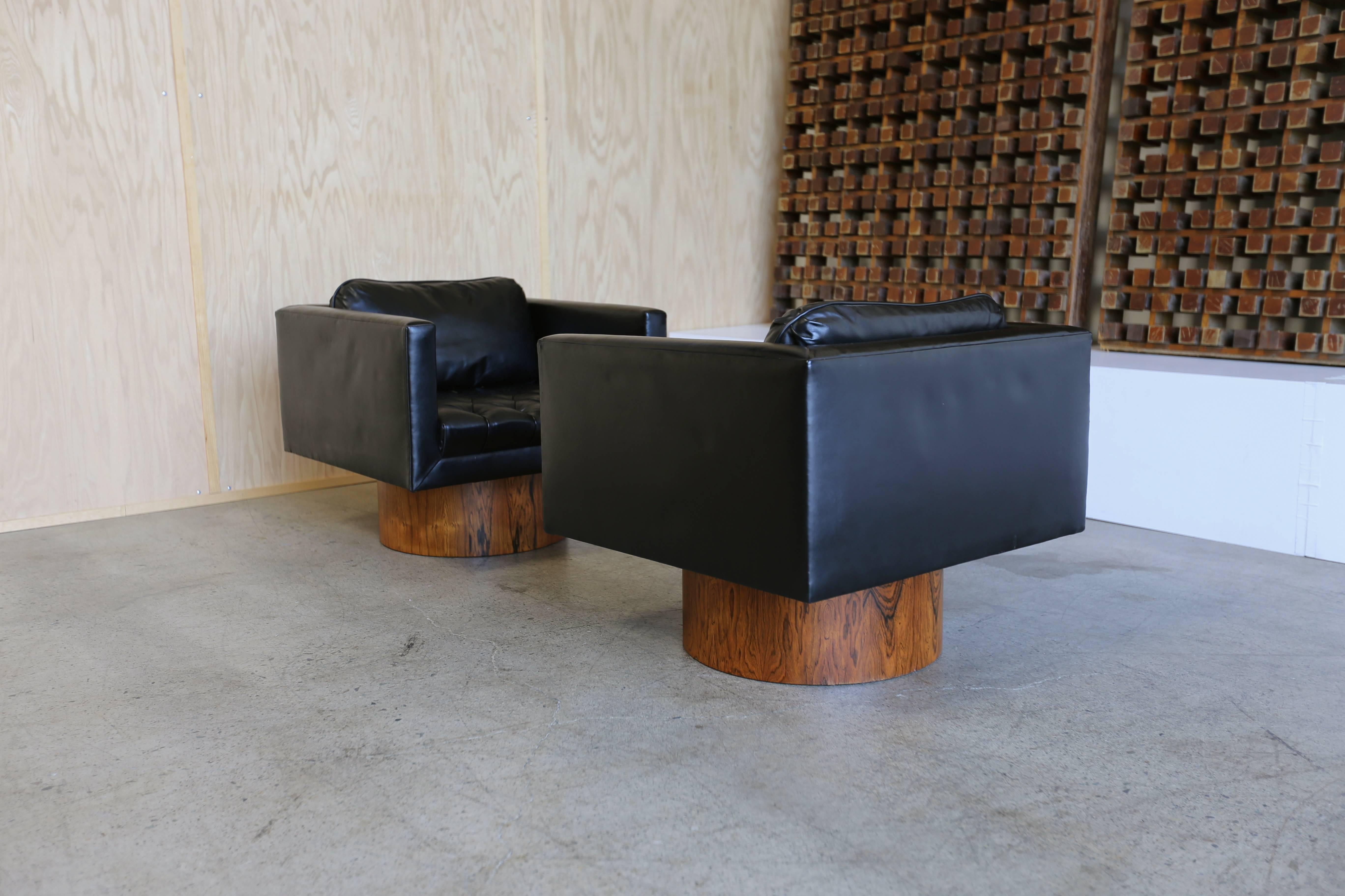 20th Century Black Leather and Rosewood Swivel Lounge Chairs by Harvey Probber