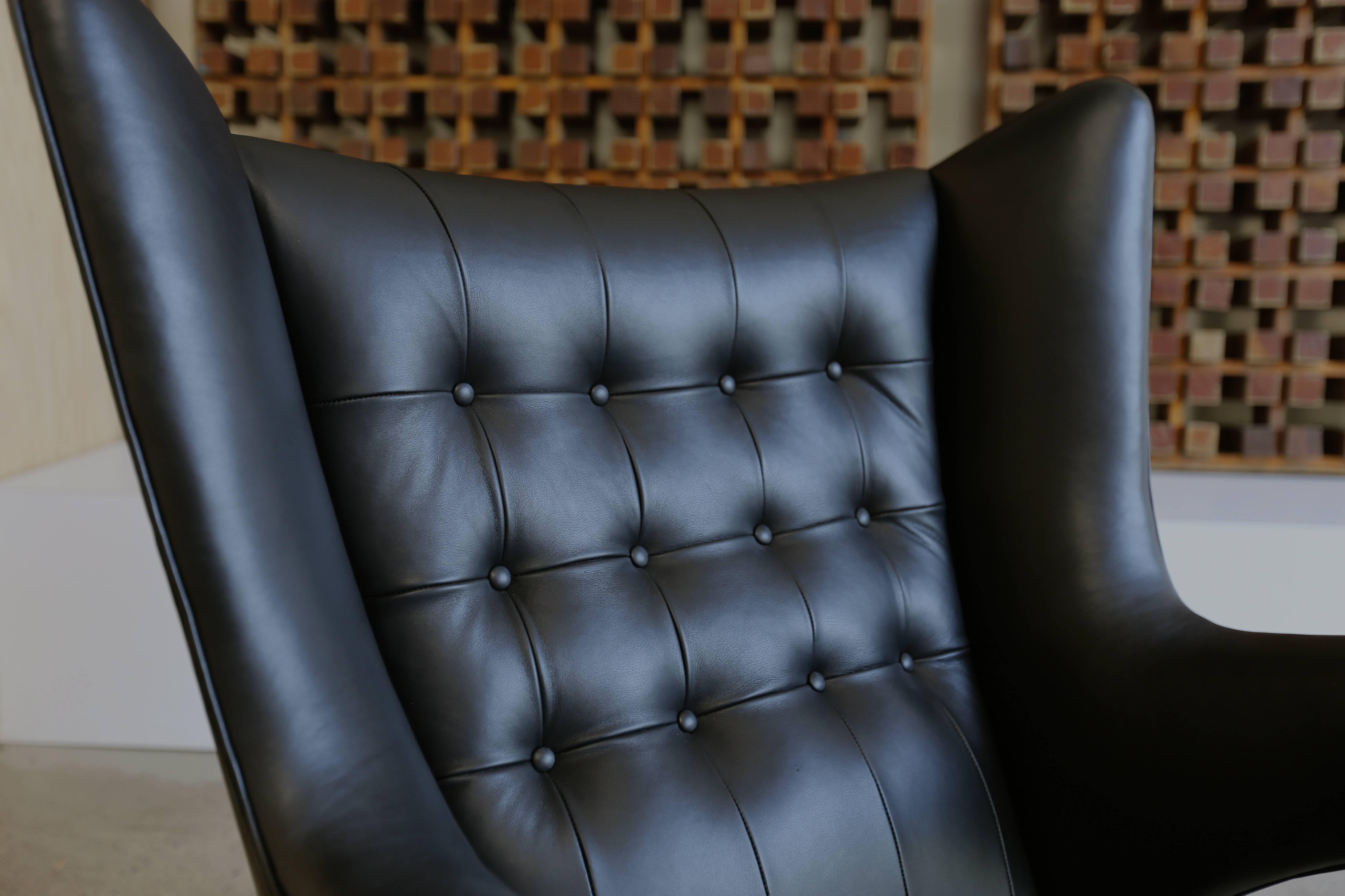 Danish Black Leather Papa Bear Chair and Ottoman by Hans J. Wegner