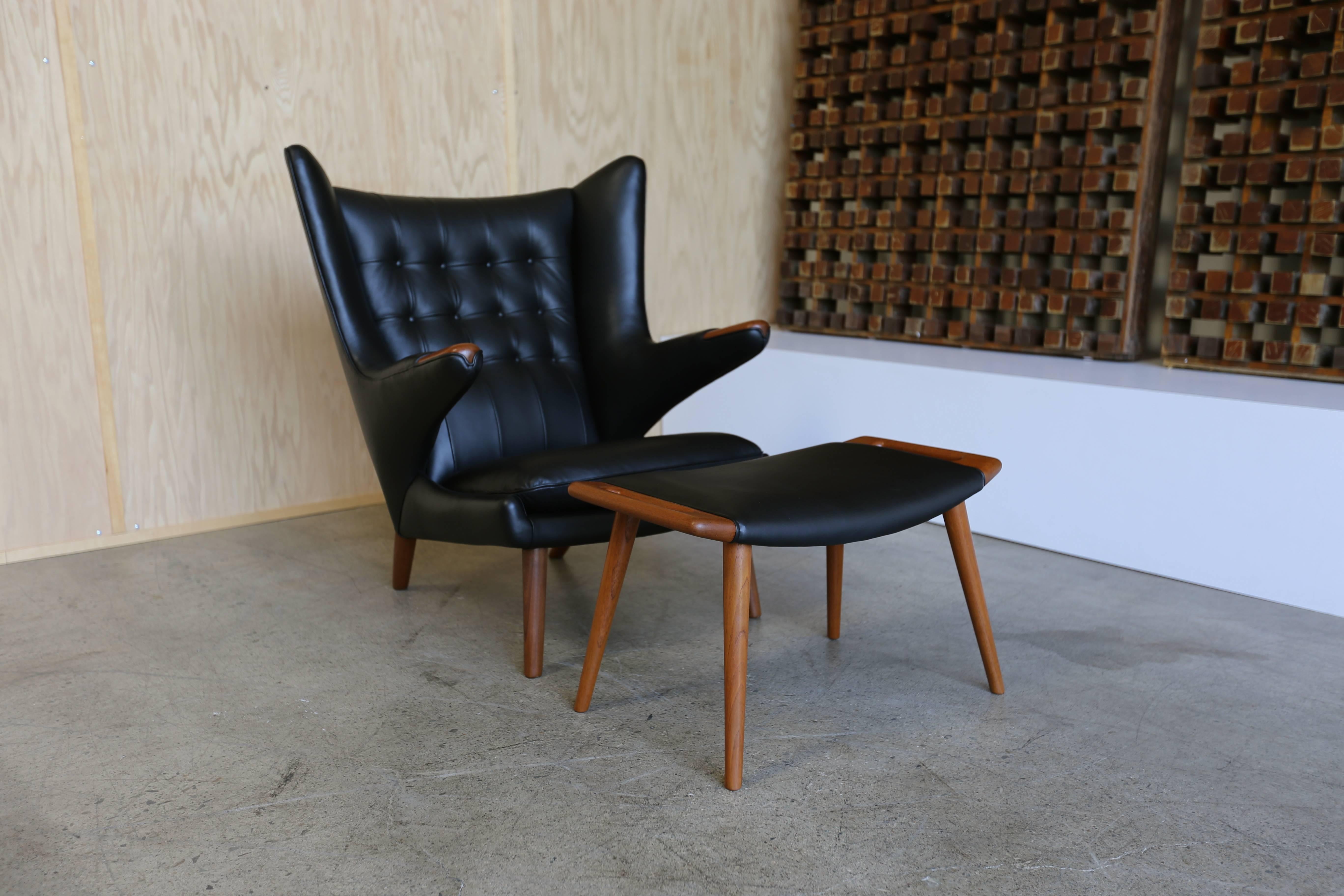 Mid-Century Modern Black Leather Papa Bear Chair and Ottoman by Hans J. Wegner