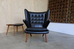 Black Leather Papa Bear Chair and Ottoman by Hans J. Wegner