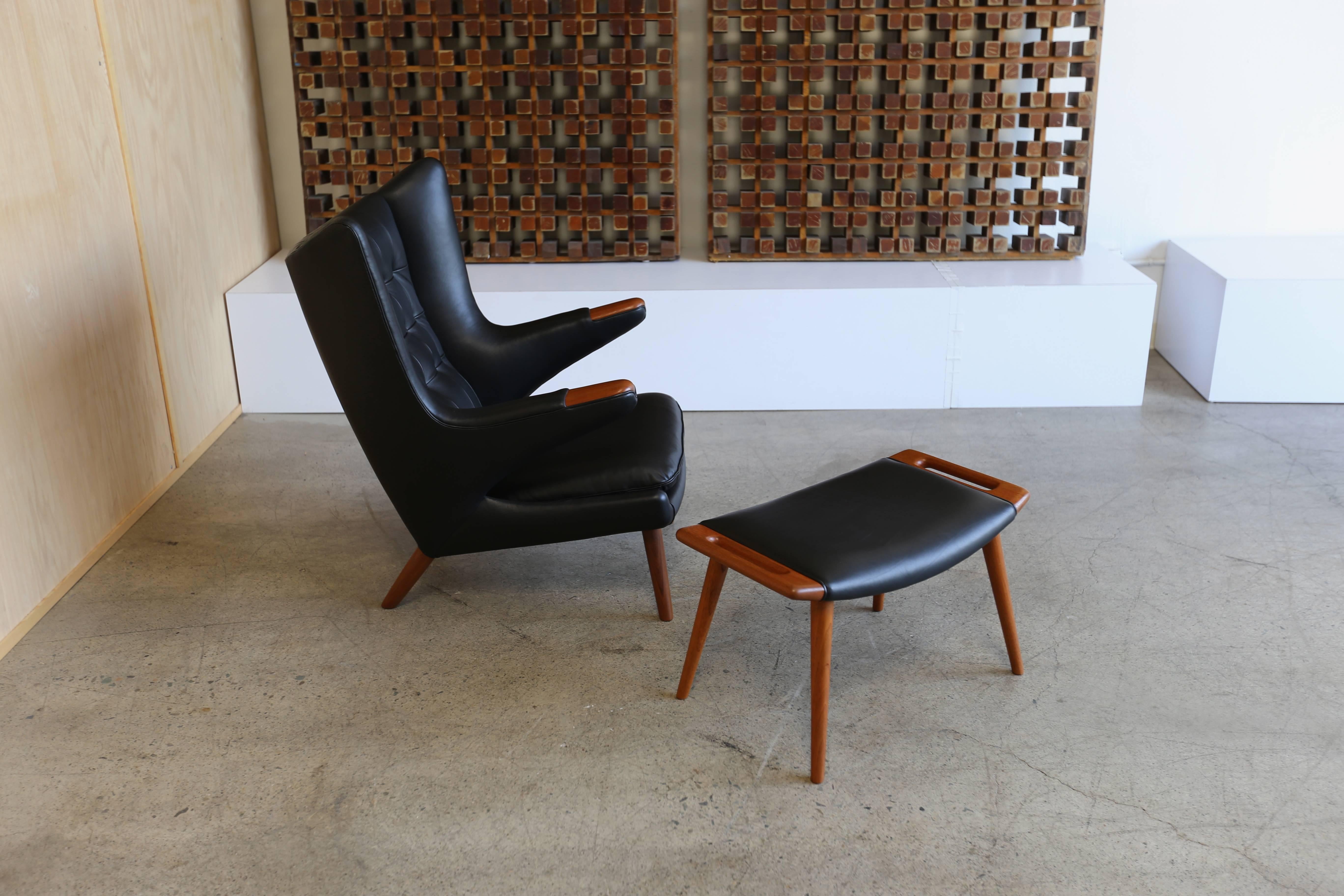 Black Leather Papa Bear Chair and Ottoman by Hans J. Wegner 3