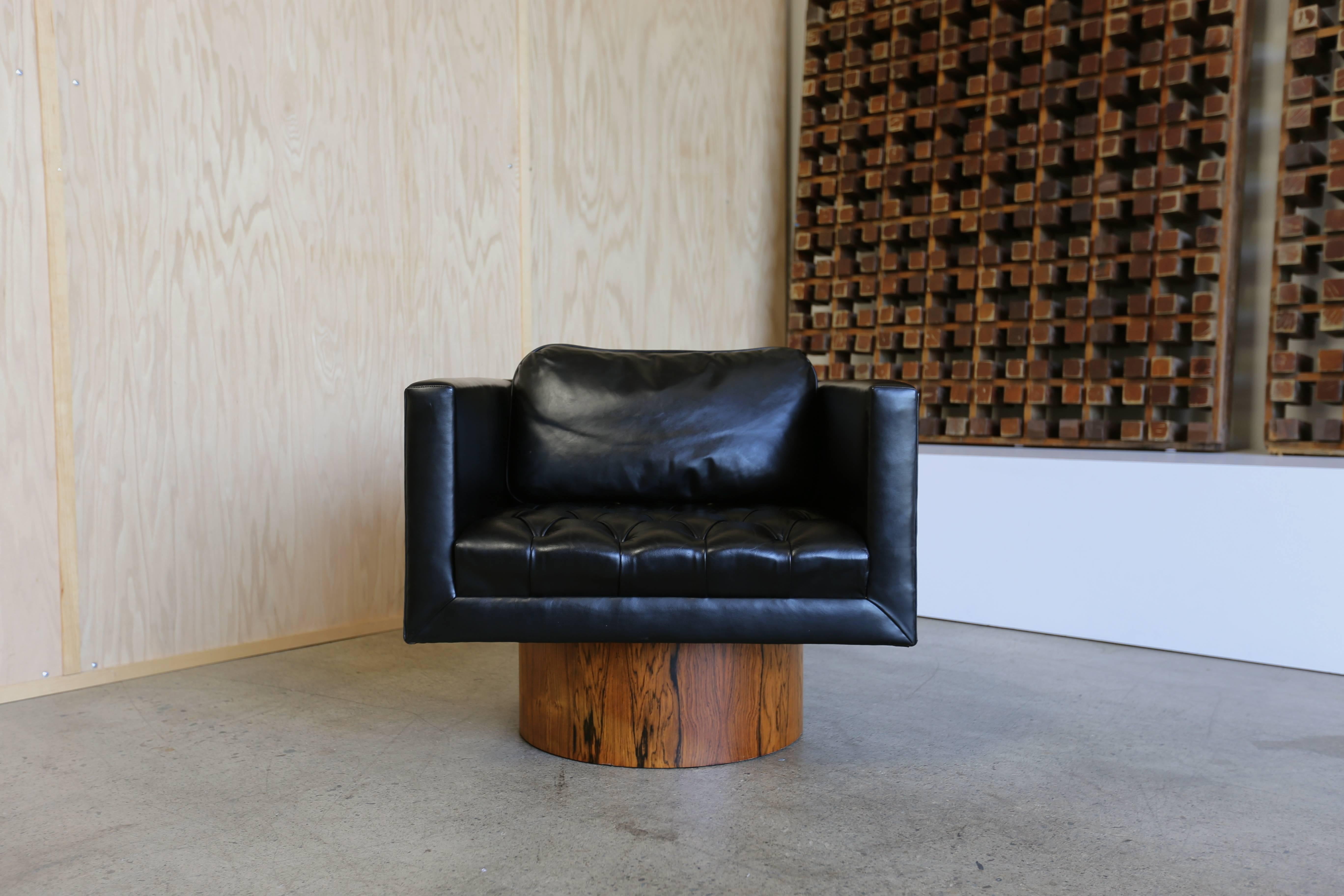 Mid-Century Modern Black Leather and Rosewood Swivel Lounge Chairs by Harvey Probber