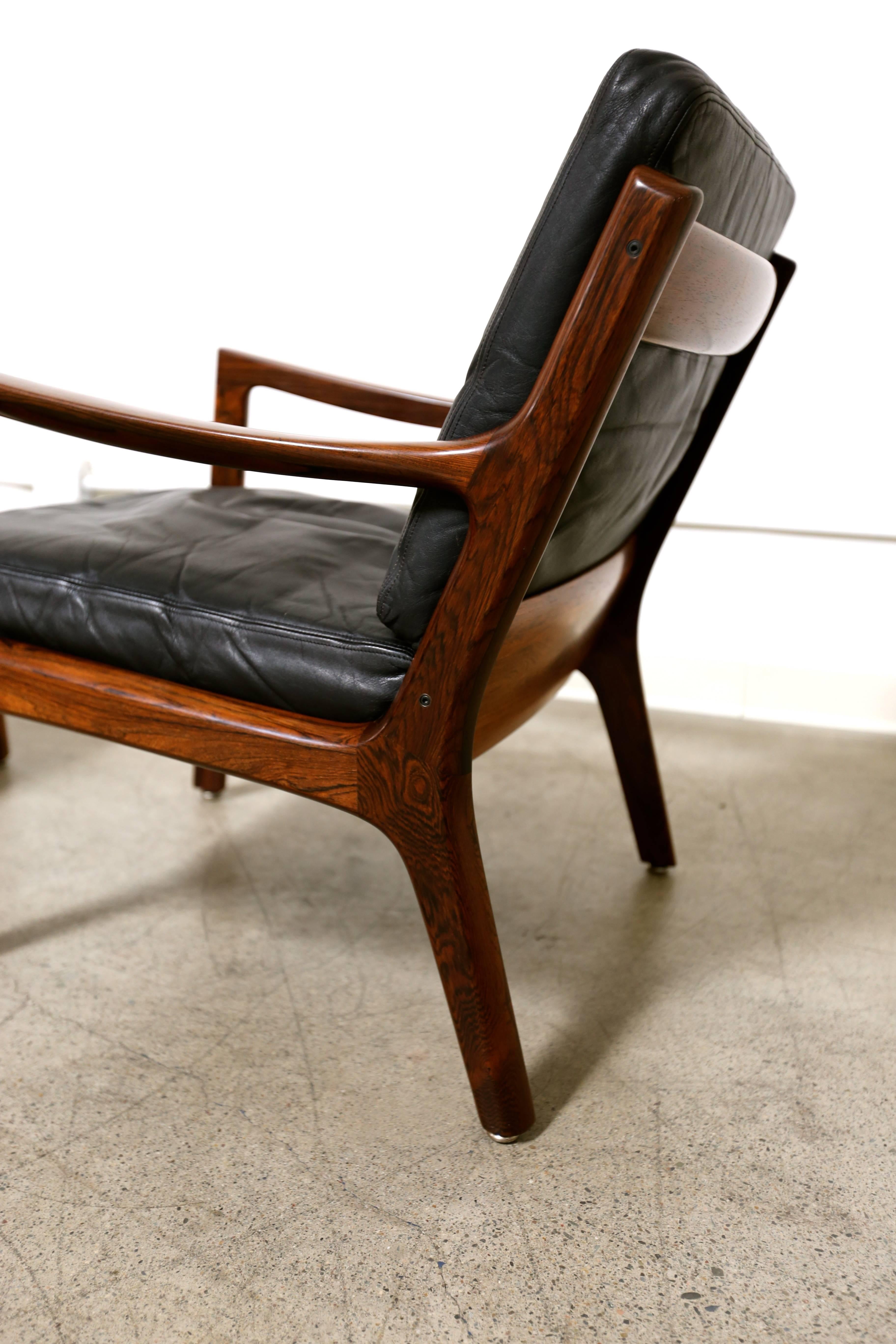 Pair of Rosewood and Leather Lounge Chairs by Ole Wanscher In Good Condition In Costa Mesa, CA