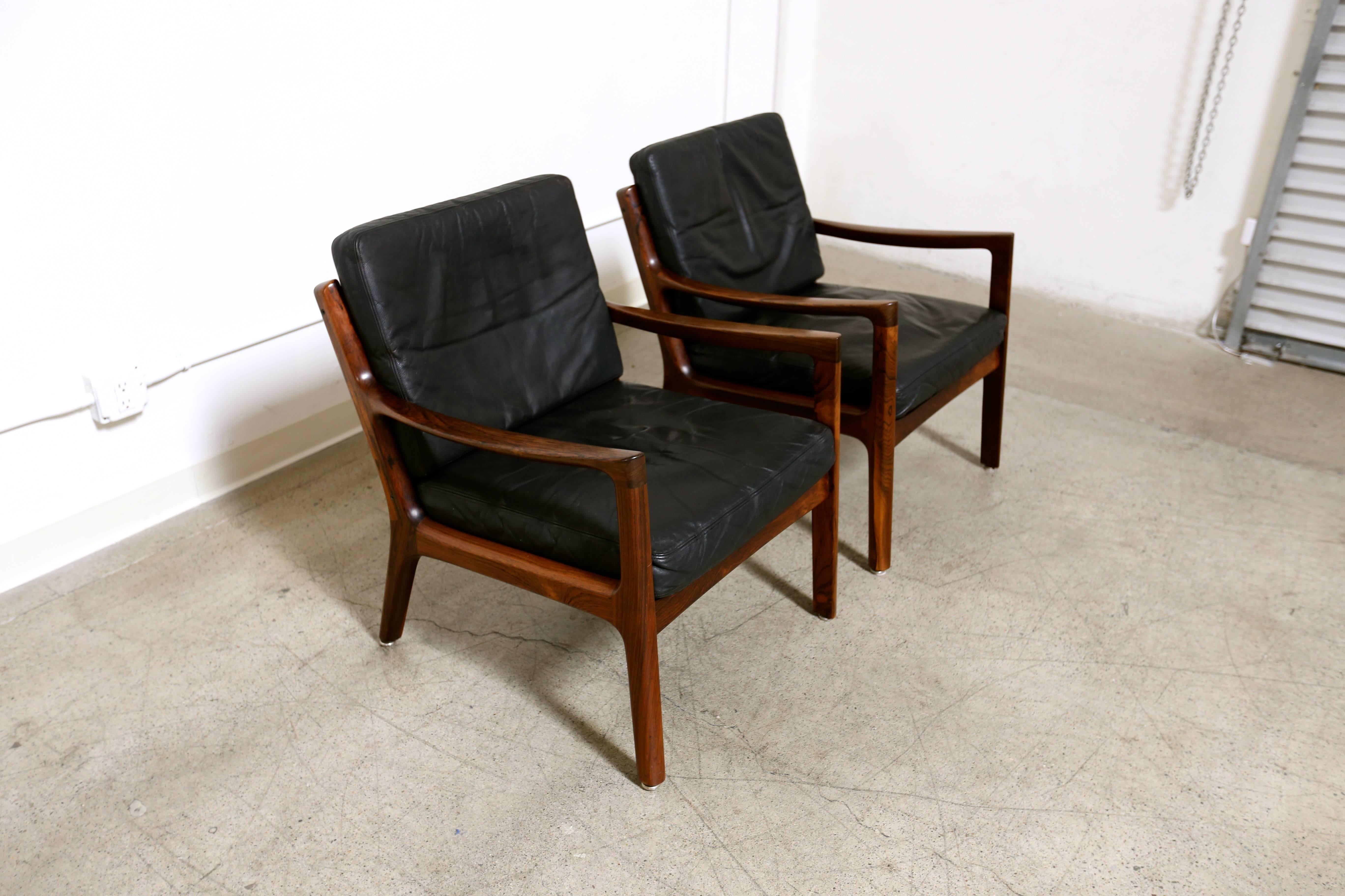 Danish Pair of Rosewood and Leather Lounge Chairs by Ole Wanscher