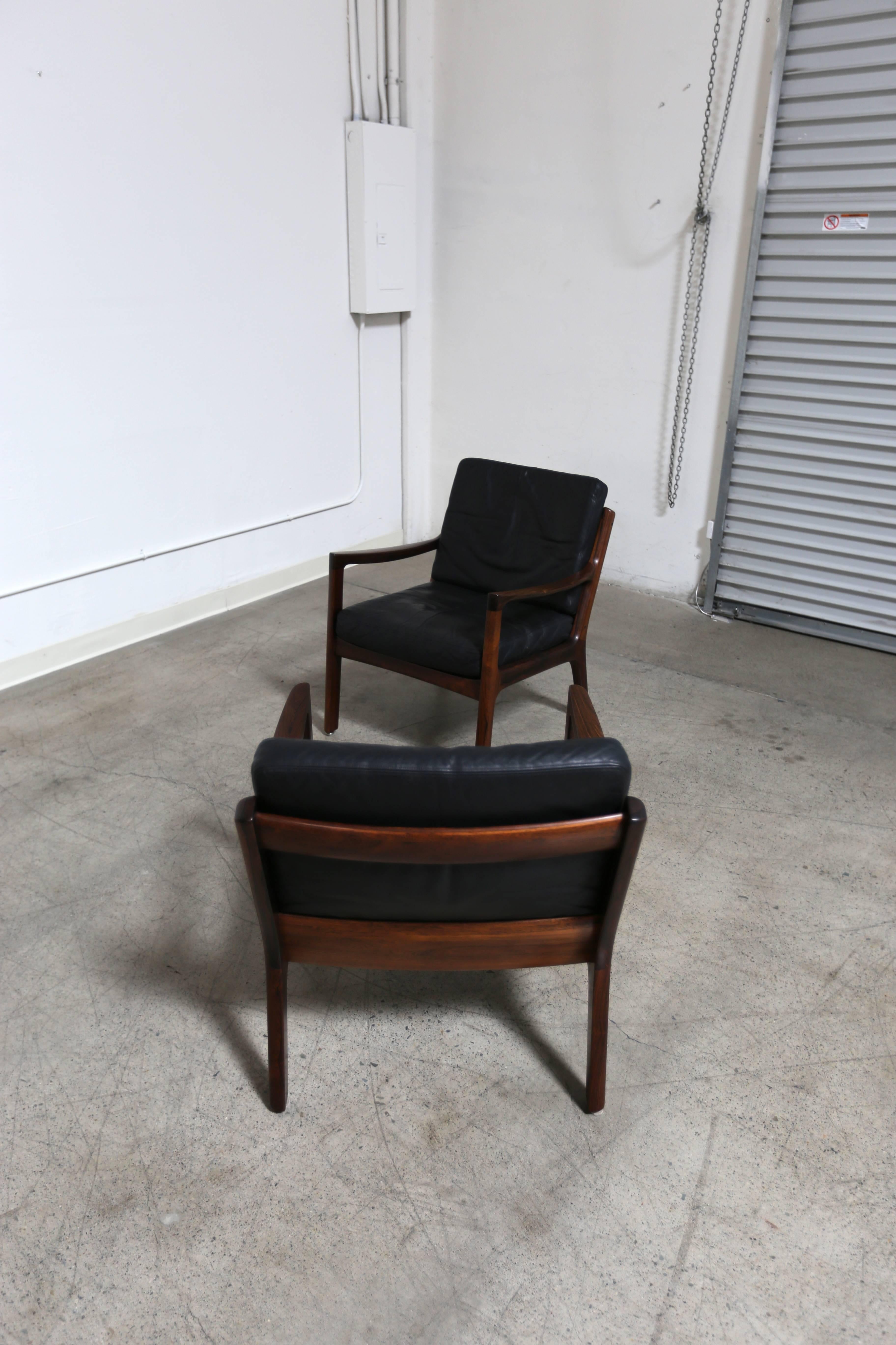 Pair of Rosewood and Leather Lounge Chairs by Ole Wanscher 3