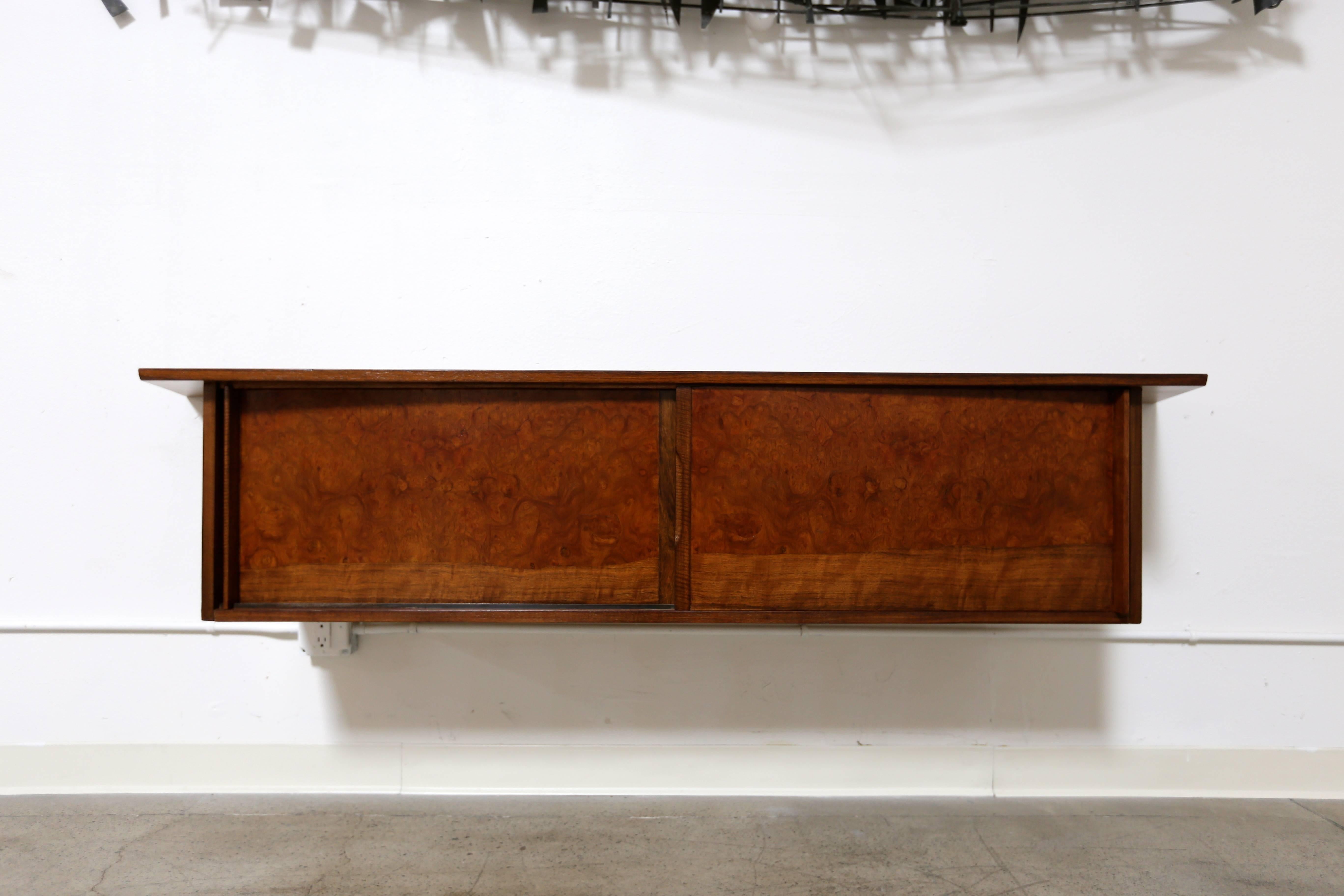 Wall Mounted / Floating / Hanging Cabinet by George Nakashima for Widdicomb.  Walnut and Carpathian Elm Burl.  