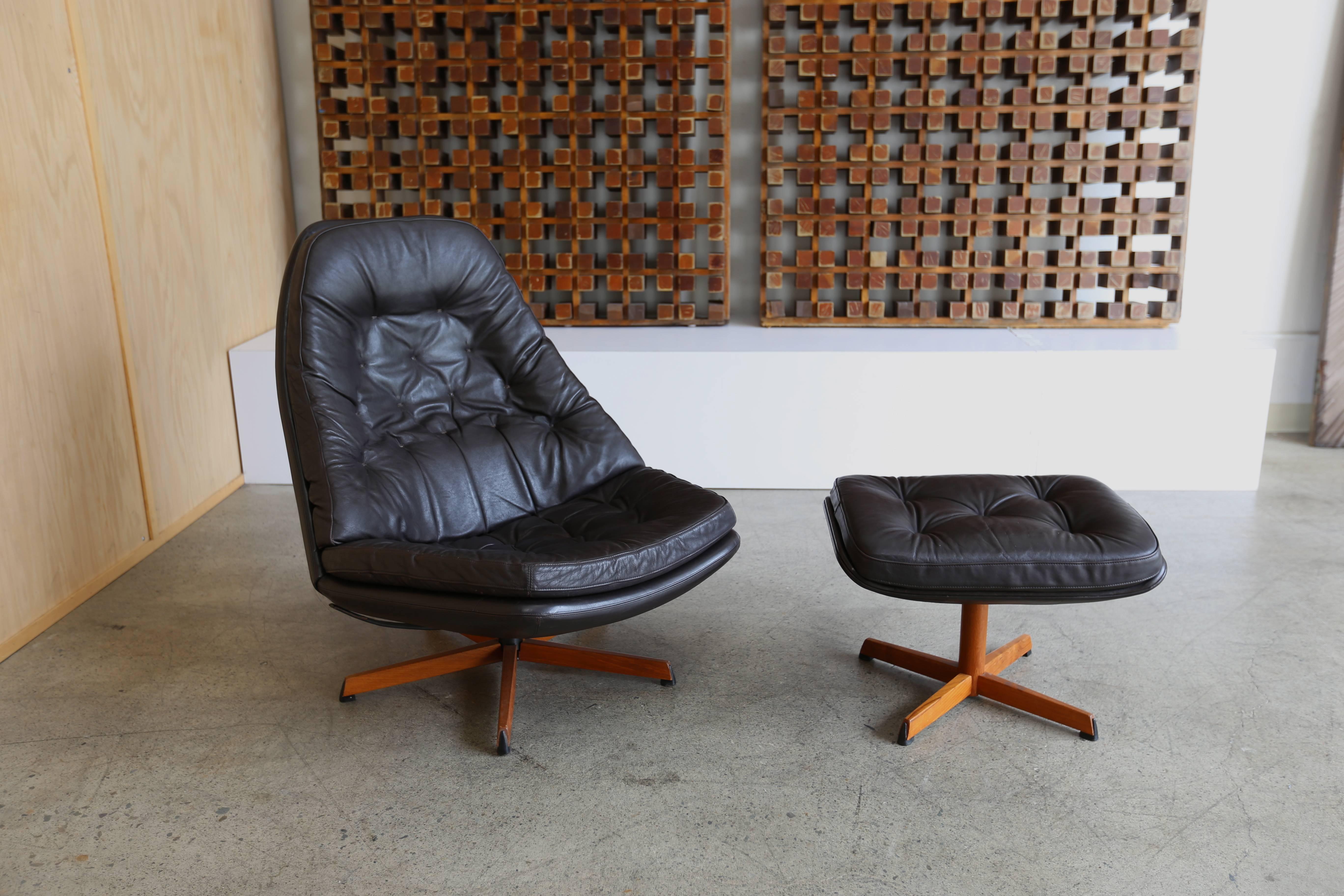 Danish Leather Lounge Chair and Ottoman by Madsen & Schubell