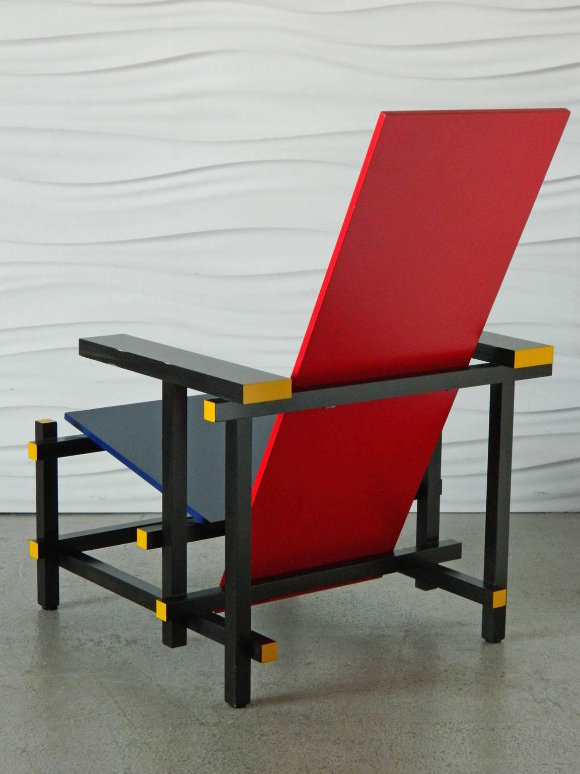 Originally designed in 1917 during the De Stijl art movement by Gerrit Thomas Rietveld, the Red and Blue chair is by far one of the most iconic chairs ever designed. This re-edition was manufactured in Italy by Cassina.